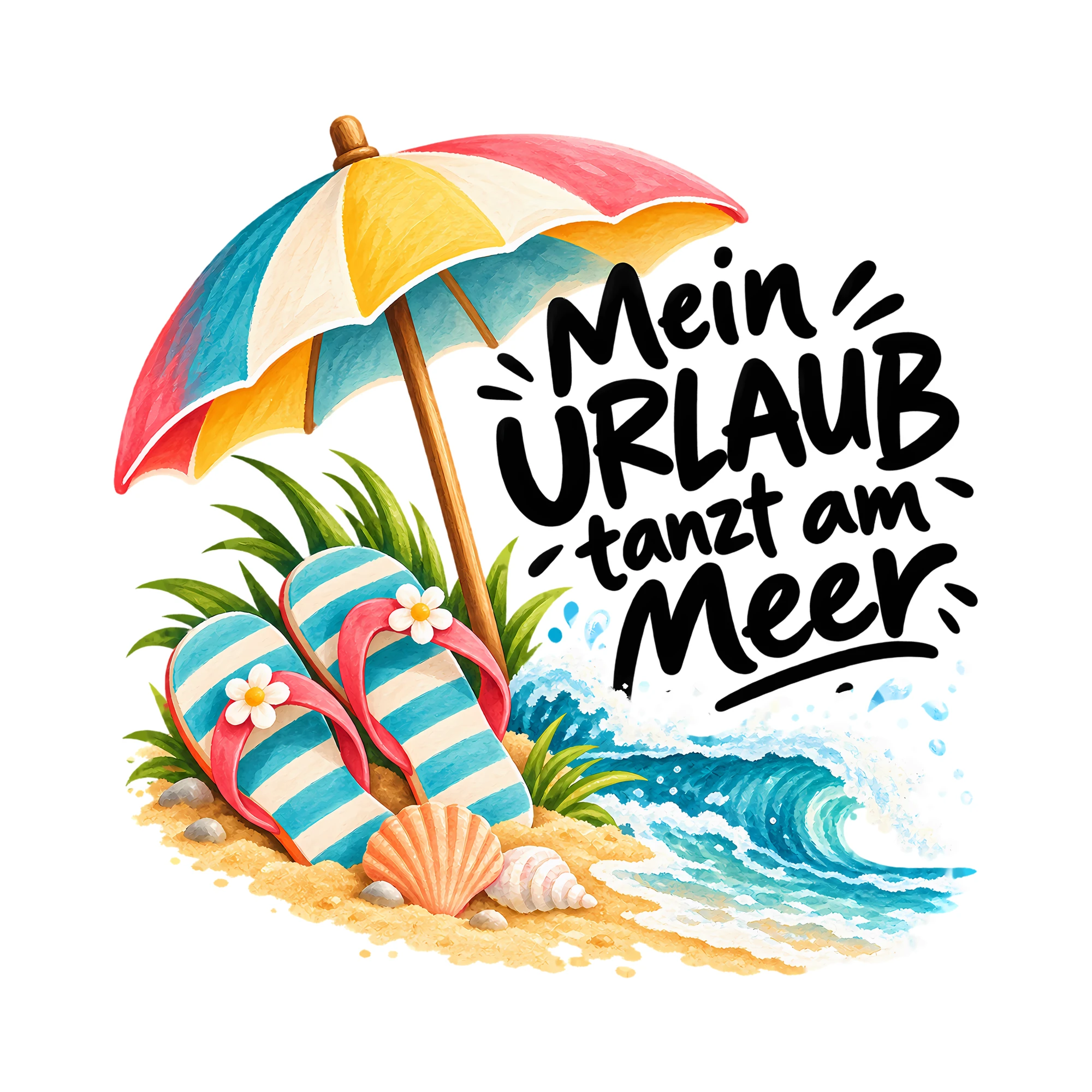 Bügelbild Mein URLAUB tanzt am Meer als Grafik auf weißem Hintergrund (BB012014)
