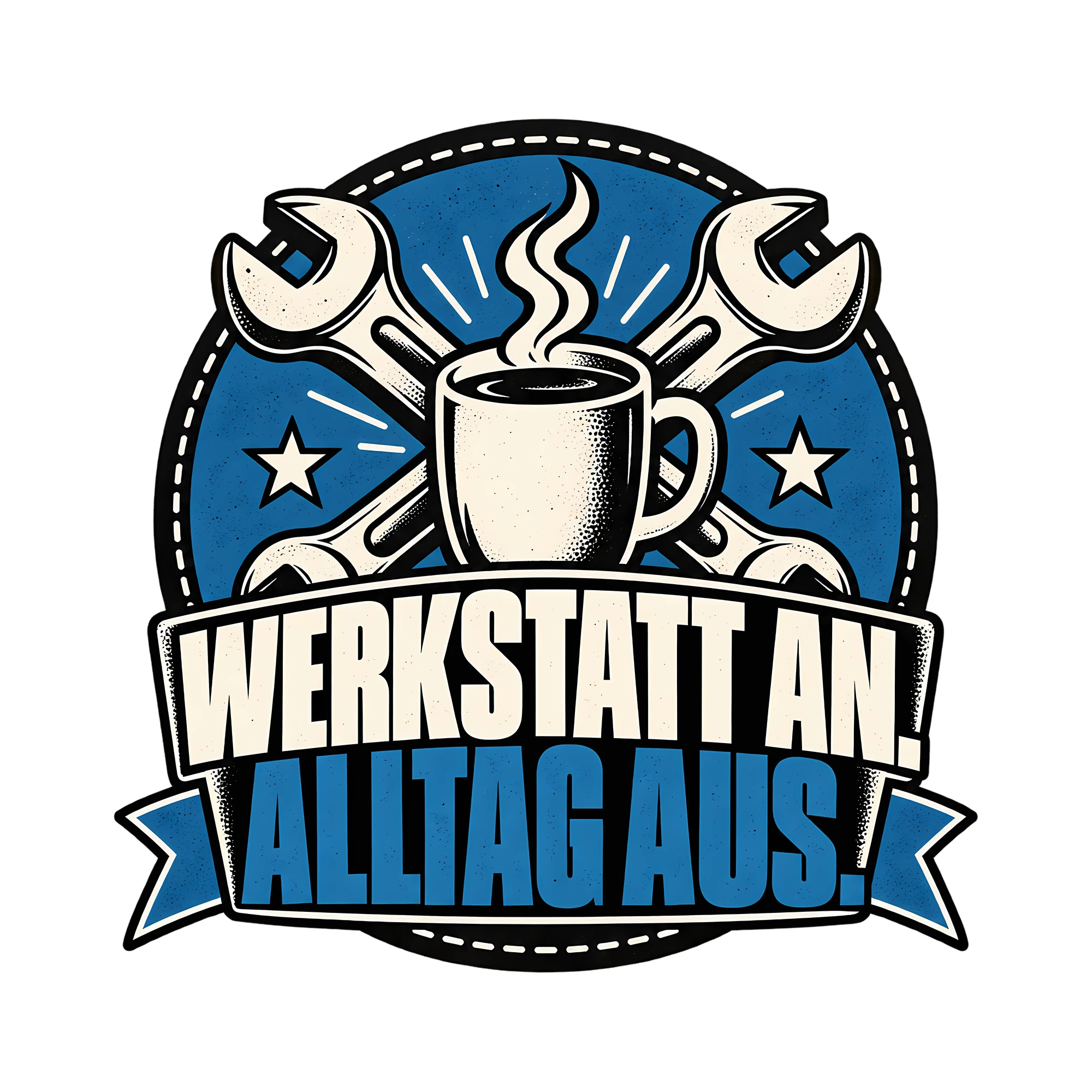 Bügelbild Werkstatt an. Alltag aus. als Grafik auf weißem Hintergrund (BB012801)