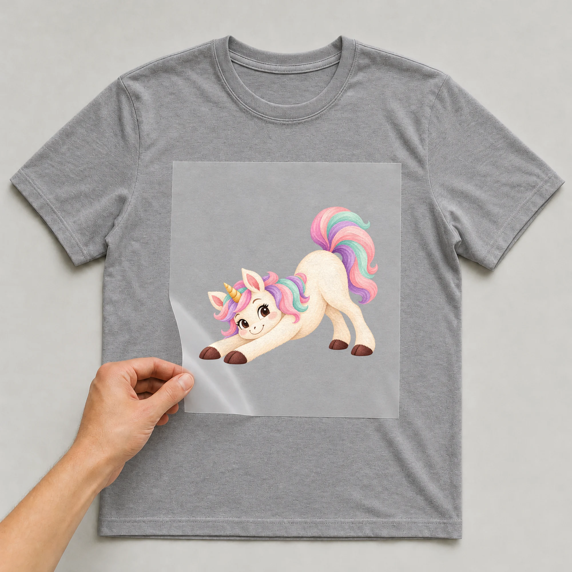 Bügelbild „Yoga Einhorn Herabschauende Hund“ auf grauem T-Shirt, Folie wird aufgelegt
