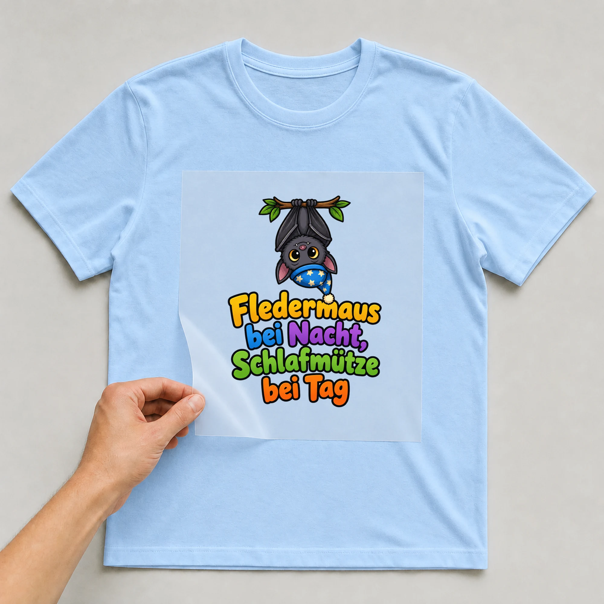 Bügelbild „Fledermaus bei Nacht, Schlafmütze bei Tag“ auf babyblauem T-Shirt, Folie wird aufgelegt
