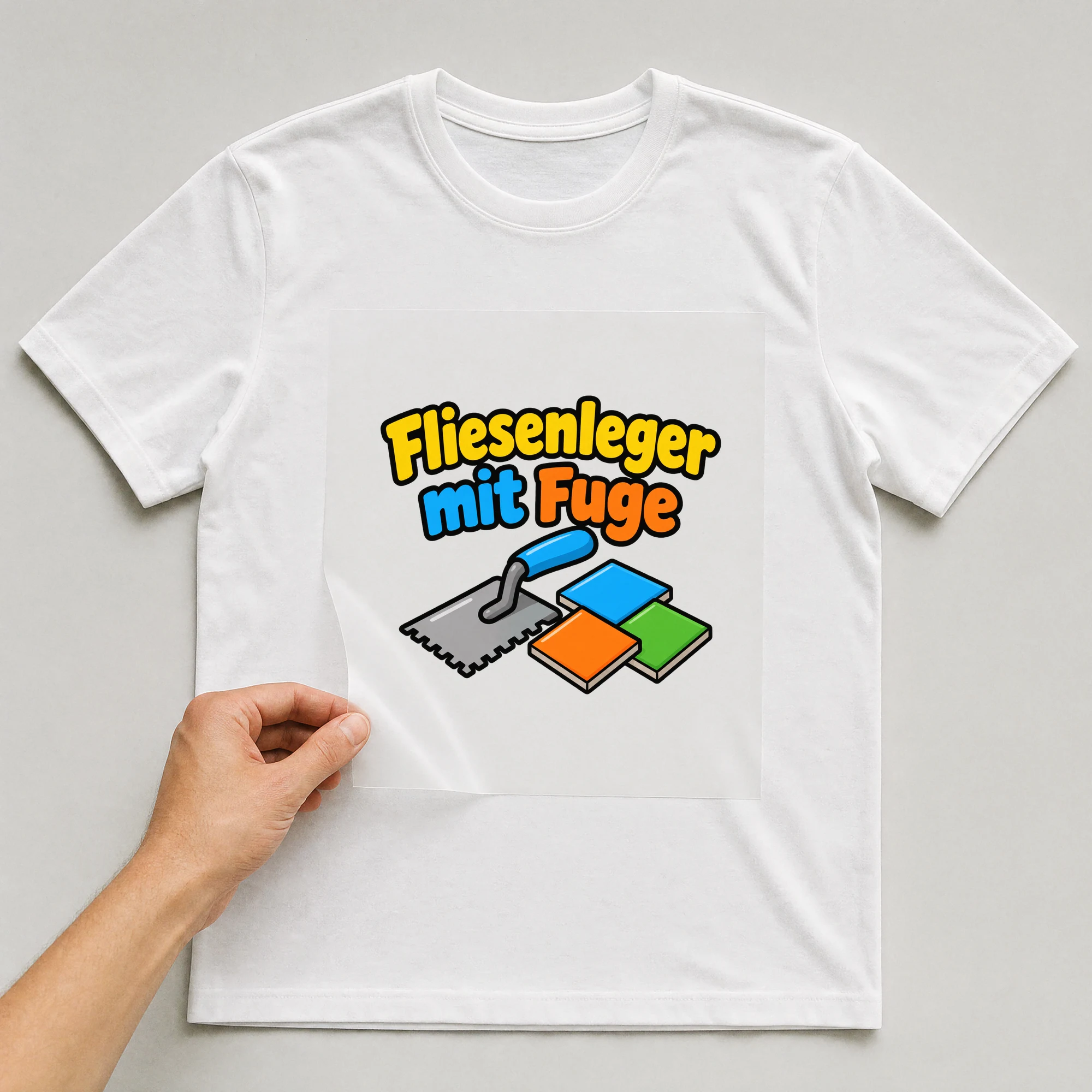 Bügelbild „Fliesenleger mit Fuge“ auf weißem T-Shirt, Folie wird aufgelegt