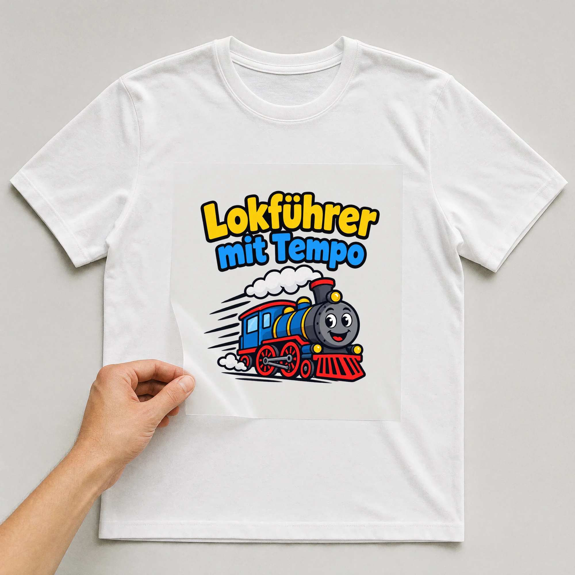 Bügelbild „Lokführer mit Tempo“ auf weißem T-Shirt, Folie wird aufgelegt