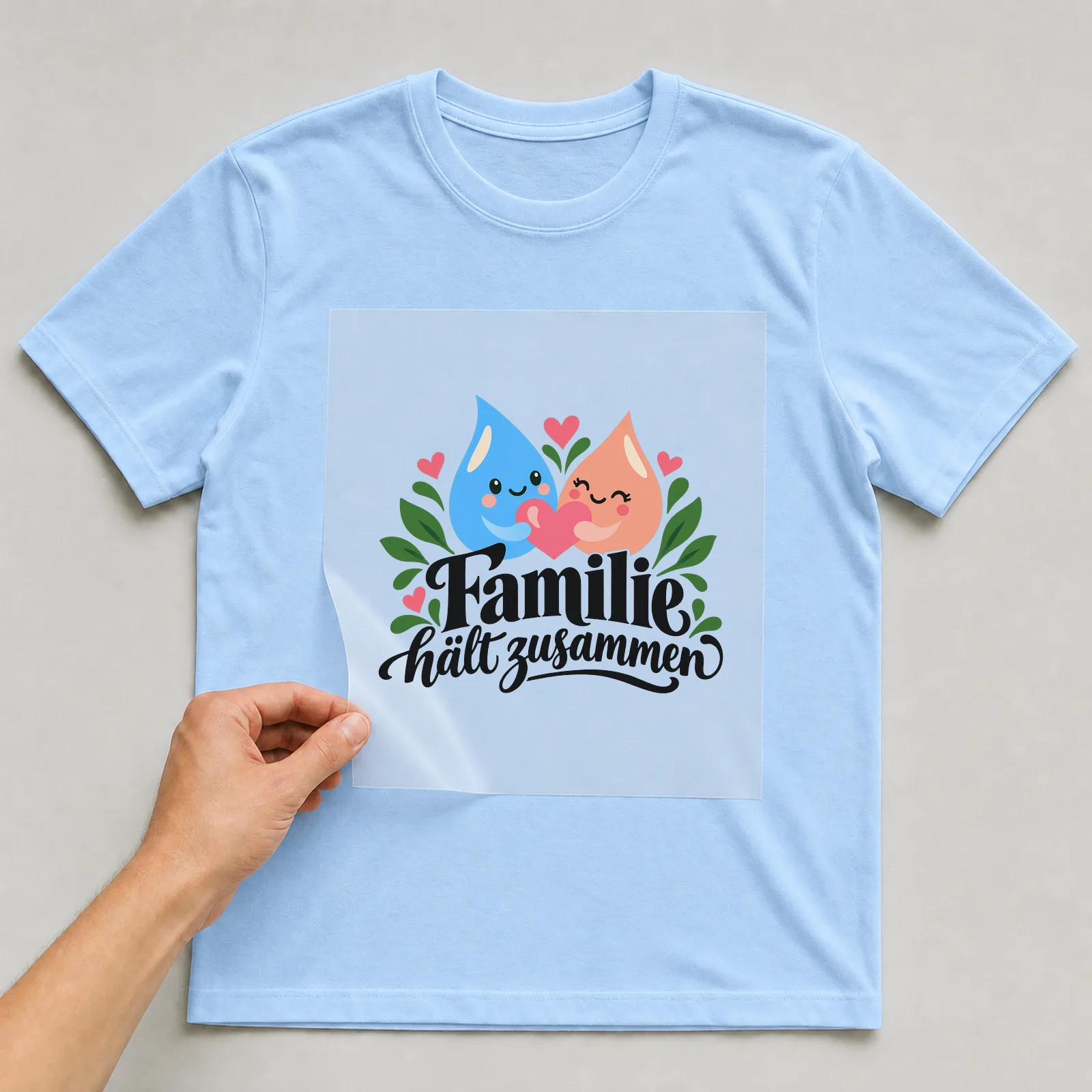 Bügelbild „Familie hält zusammen“ auf hellblauem T-Shirt, Folie wird aufgelegt