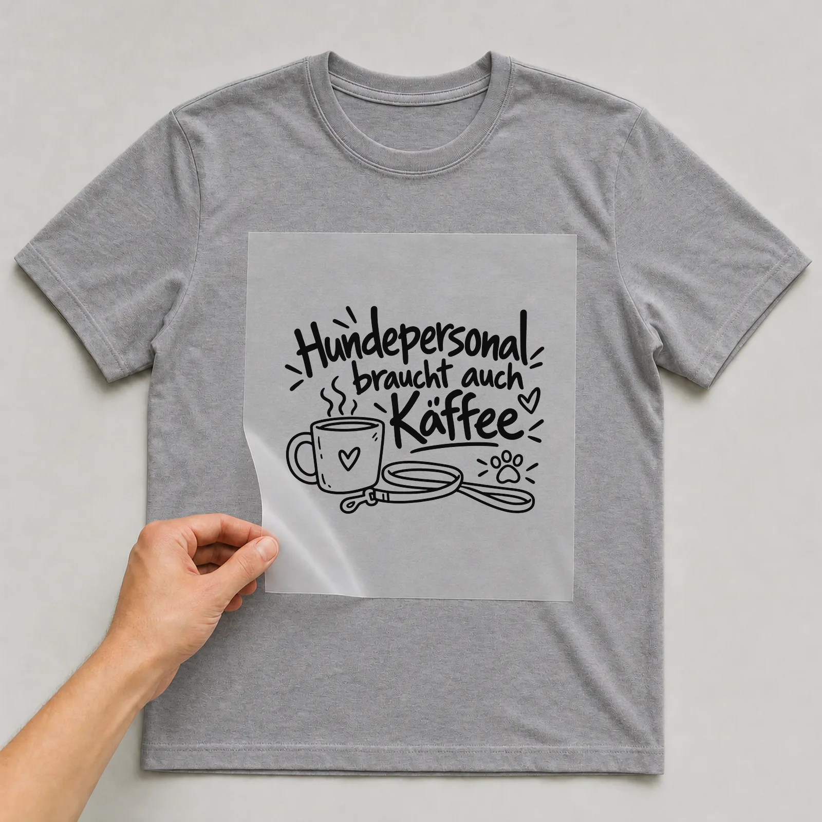 Bügelbild „Hundepersonal braucht auch Kaffee“ auf grauem T-Shirt, Folie wird aufgelegt
