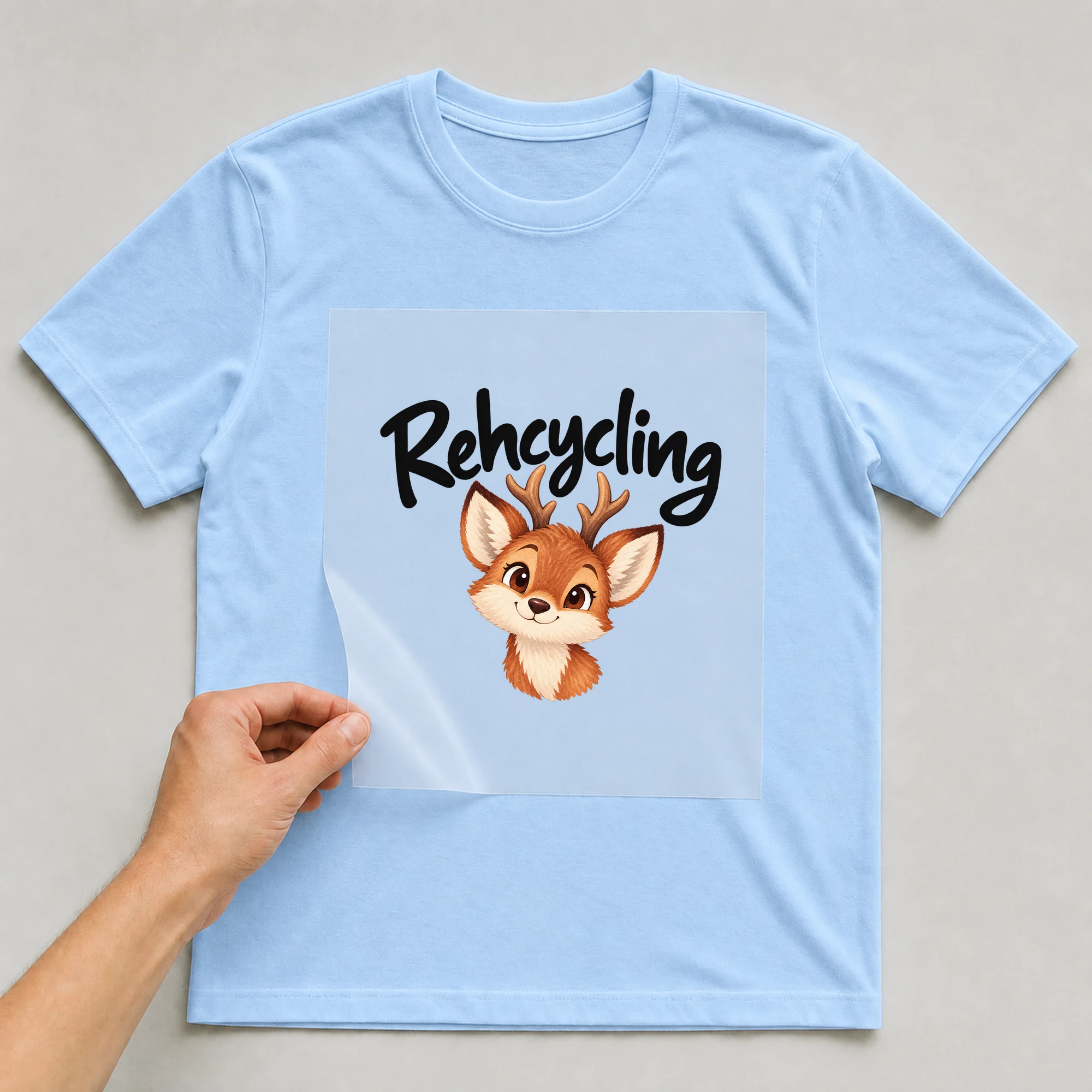 Bügelbild „Rehcycling“ auf babyblauem T-Shirt, Folie wird aufgelegt