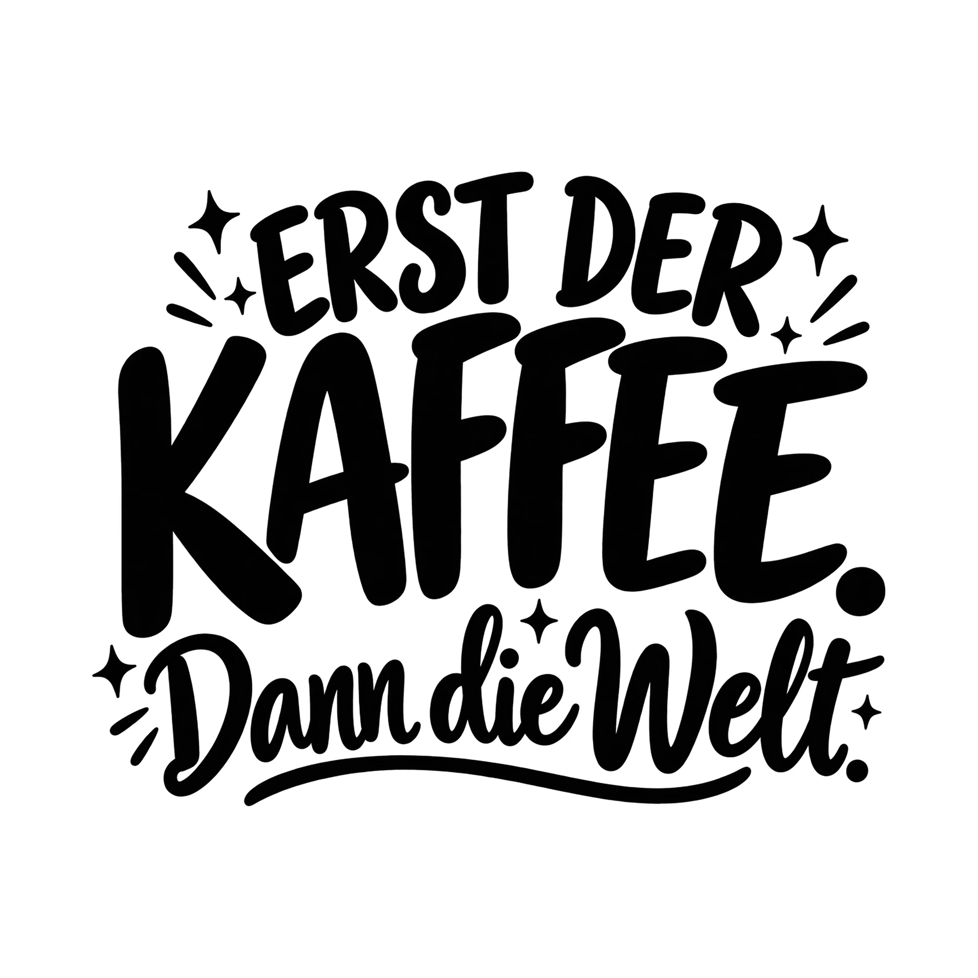 Bügelbild „Erst der Kaffee. Dann die Welt.“, Küchen Spruch Bügelbild als Grafik auf weißem Hintergrund (BB019538)