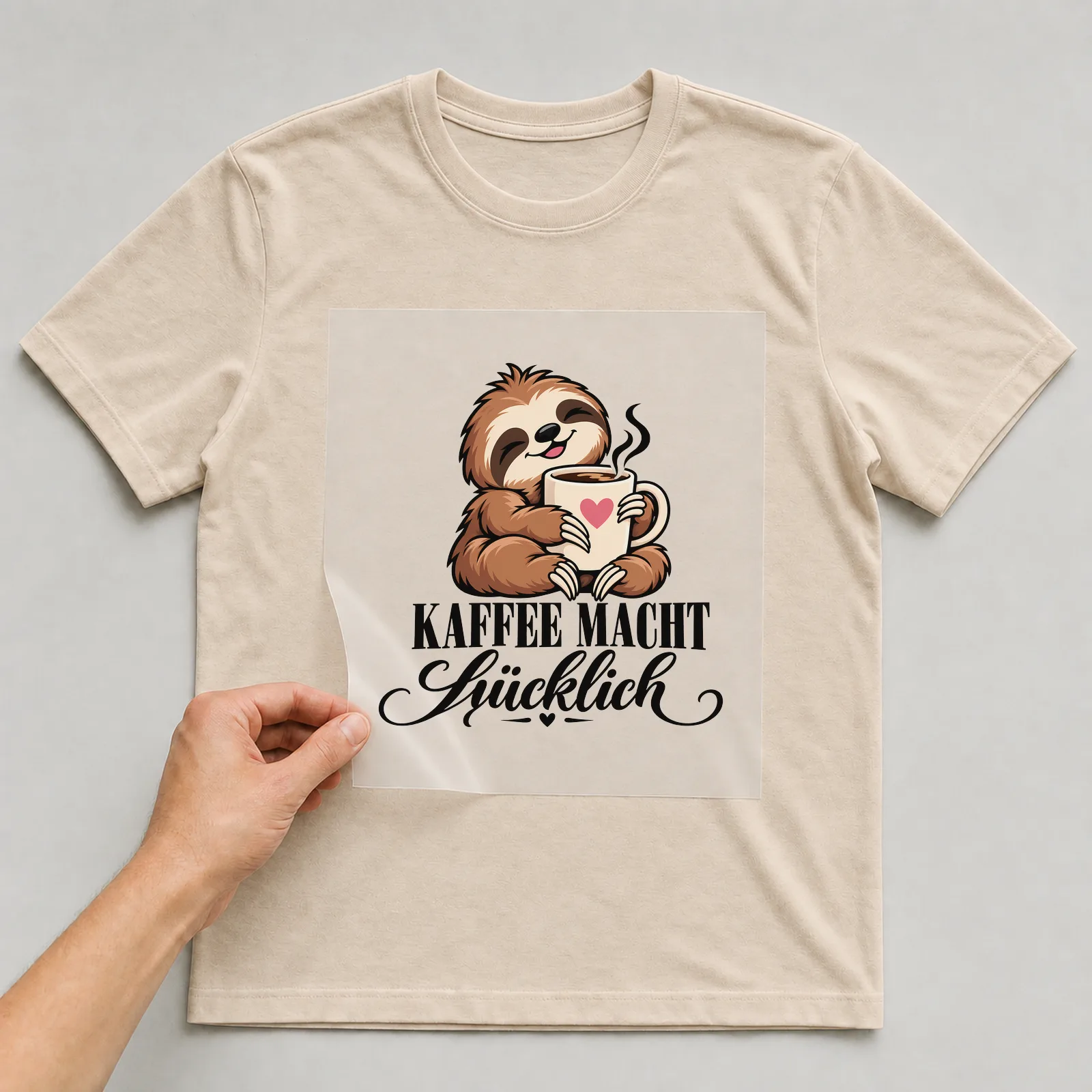Bügelbild „Kaffee macht glücklich“ auf beigem T-Shirt, Folie wird aufgelegt
