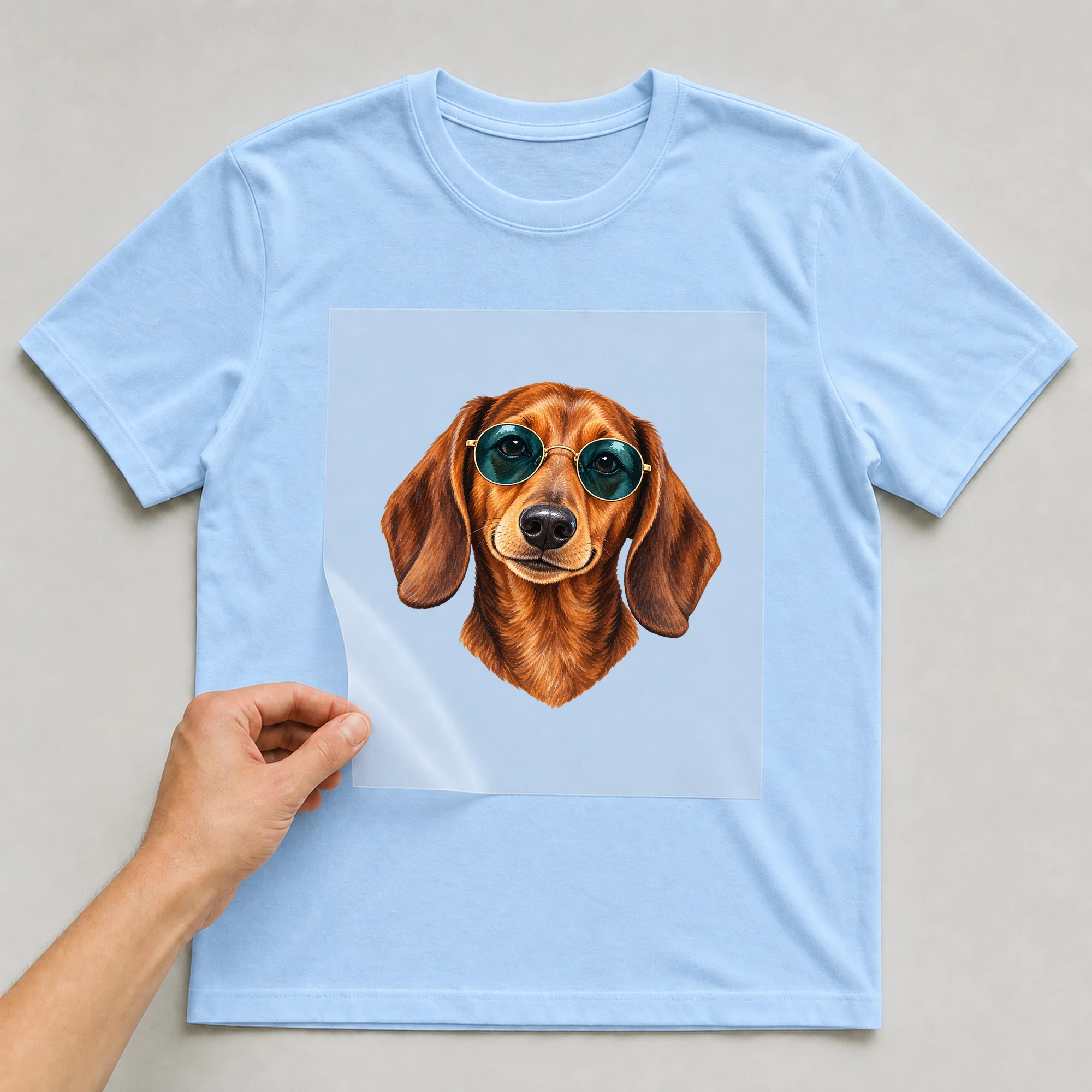 Bügelbild „Dackel Hippie Look“ auf babyblauem T-Shirt, Folie wird aufgelegt