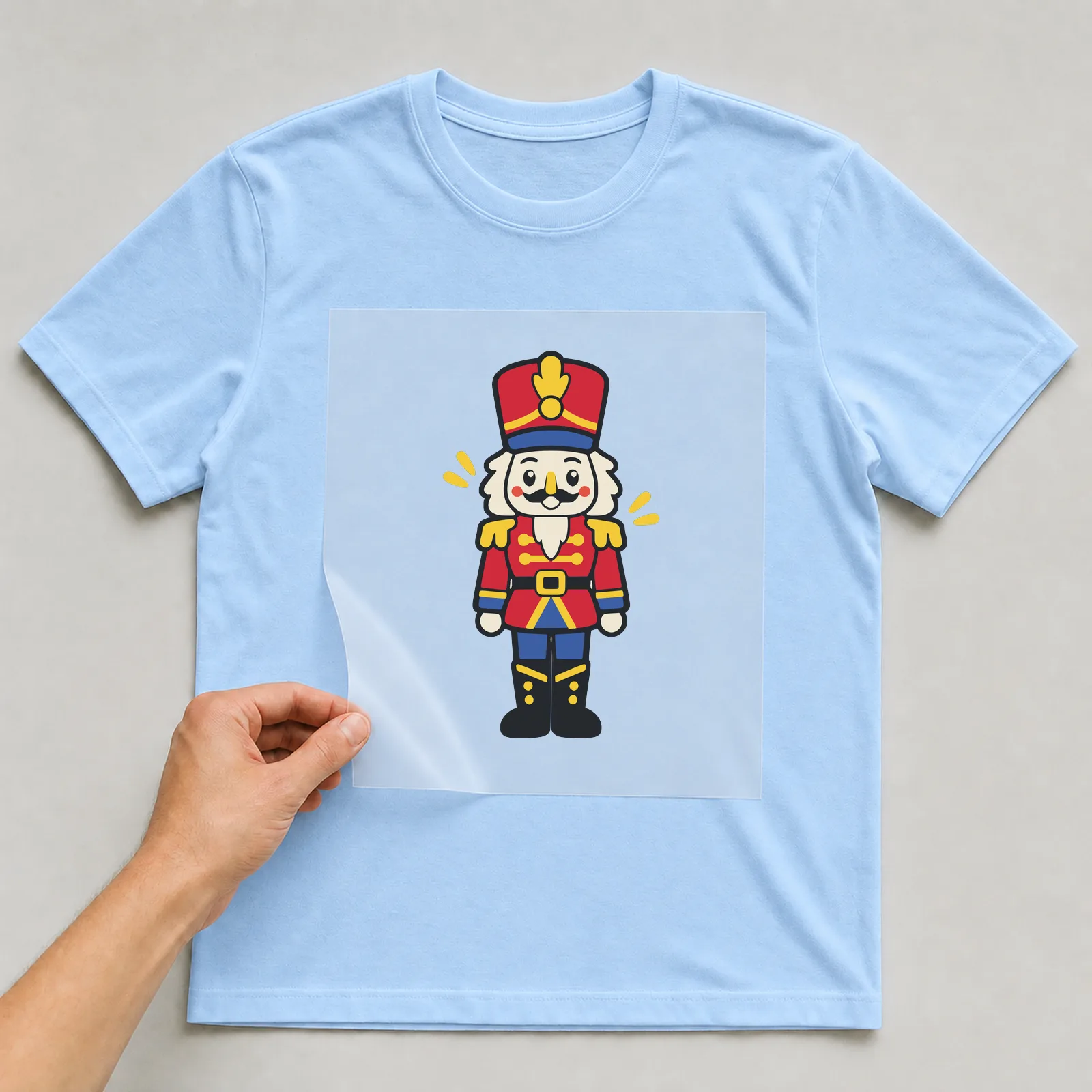 Bügelbild Nussknacker im Comic-Stil auf hellblauem T-Shirt, Folie wird aufgelegt