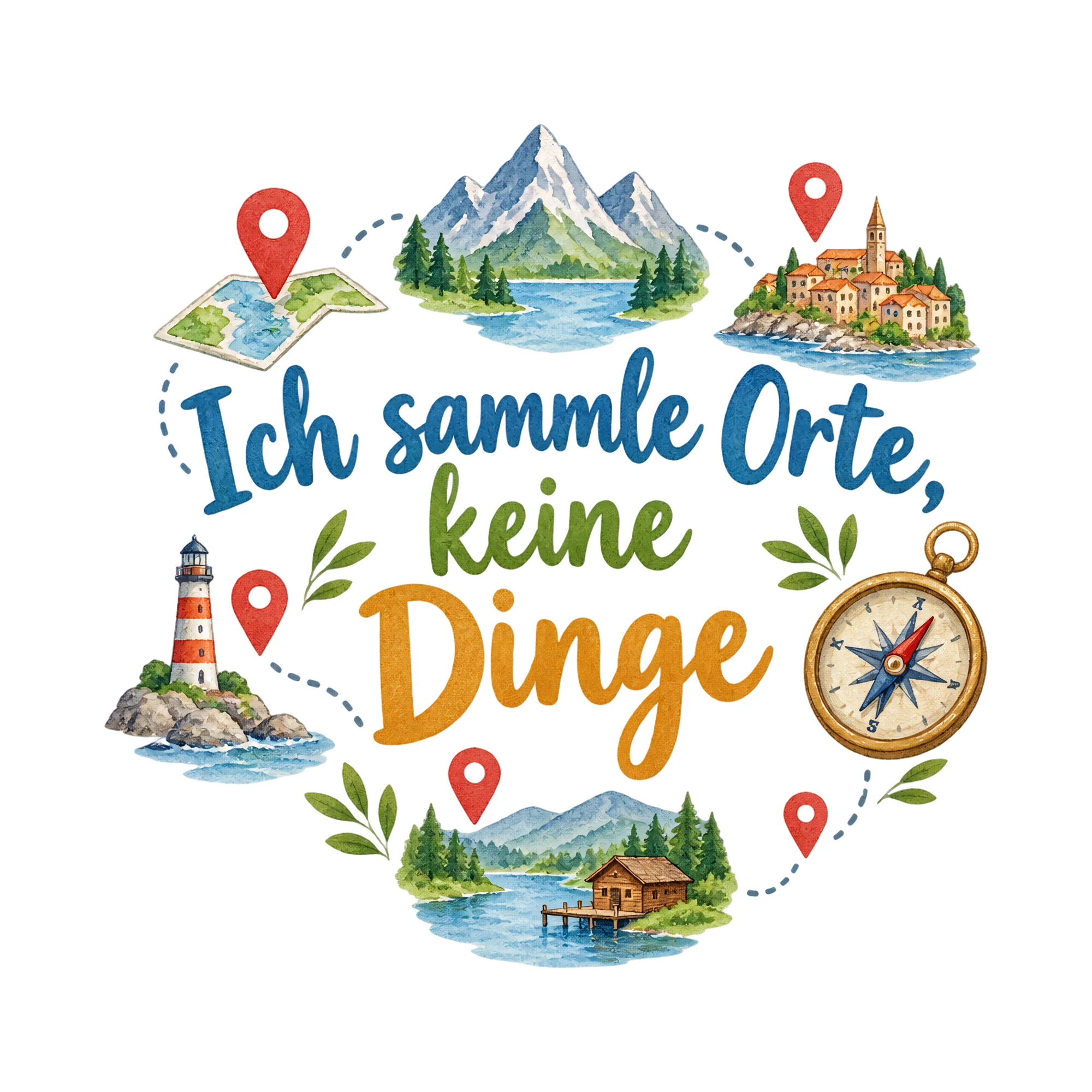 Bügelbild Ich sammle orte keine dinge als Grafik auf weißem Hintergrund (BB016483)