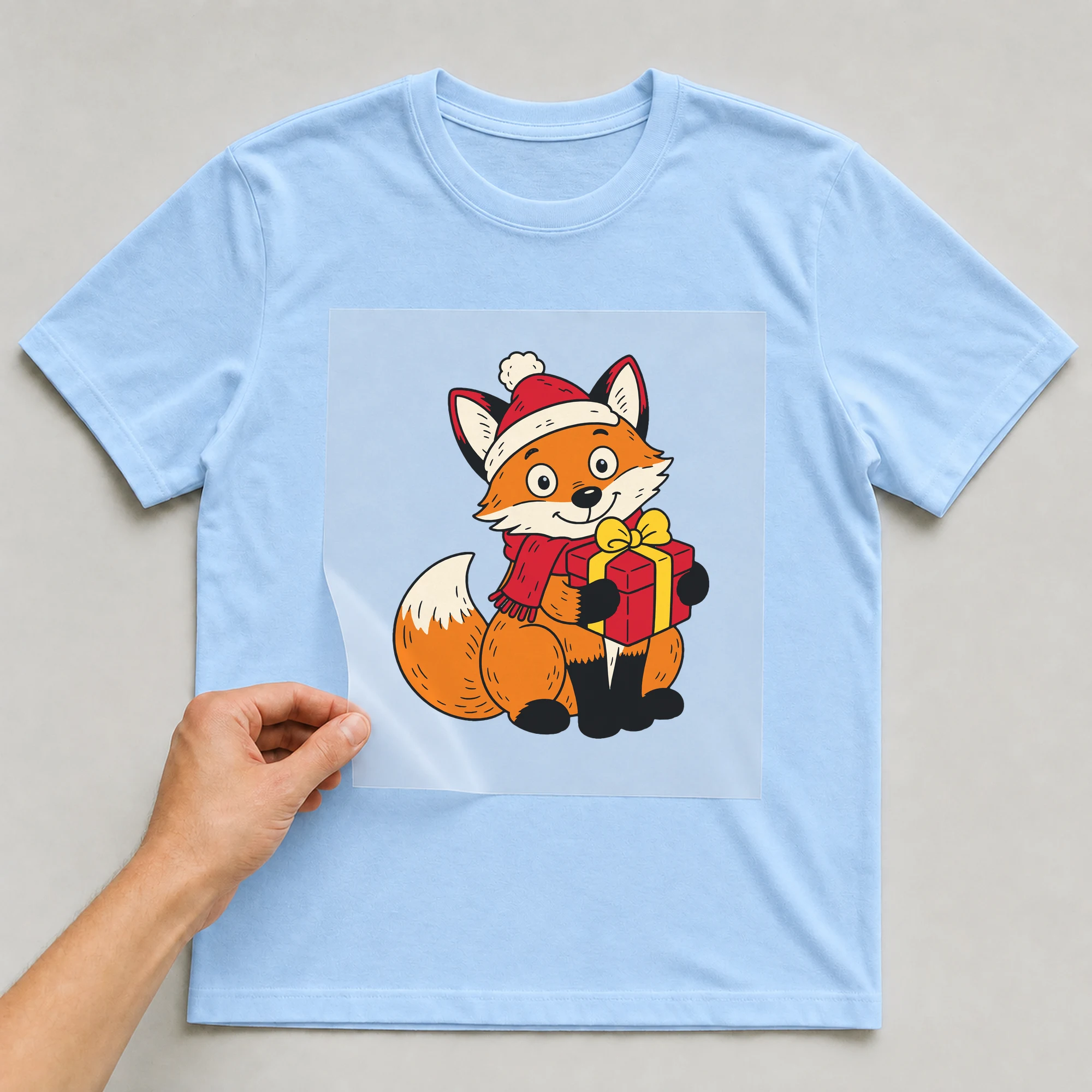 Bügelbild „Fuchs mit Weihnachtsmütze“ auf babyblauem T-Shirt, Folie wird aufgelegt