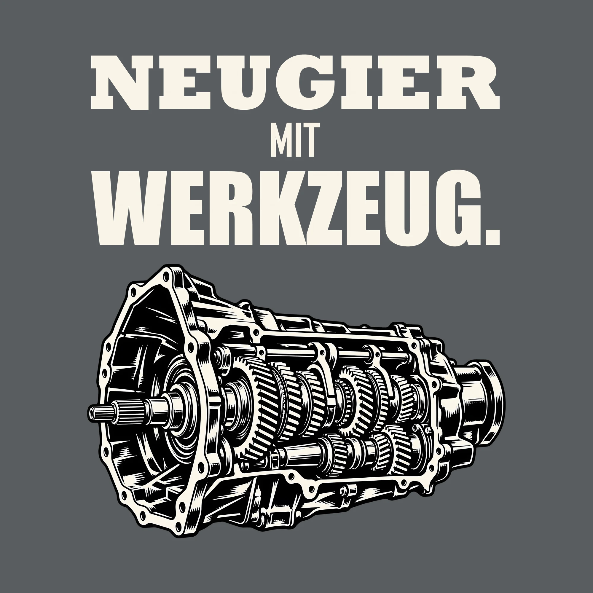 Bügelbild NEUGIER MIT WERKZEUG. als Grafik auf dunklem Hintergrund (BB011513)