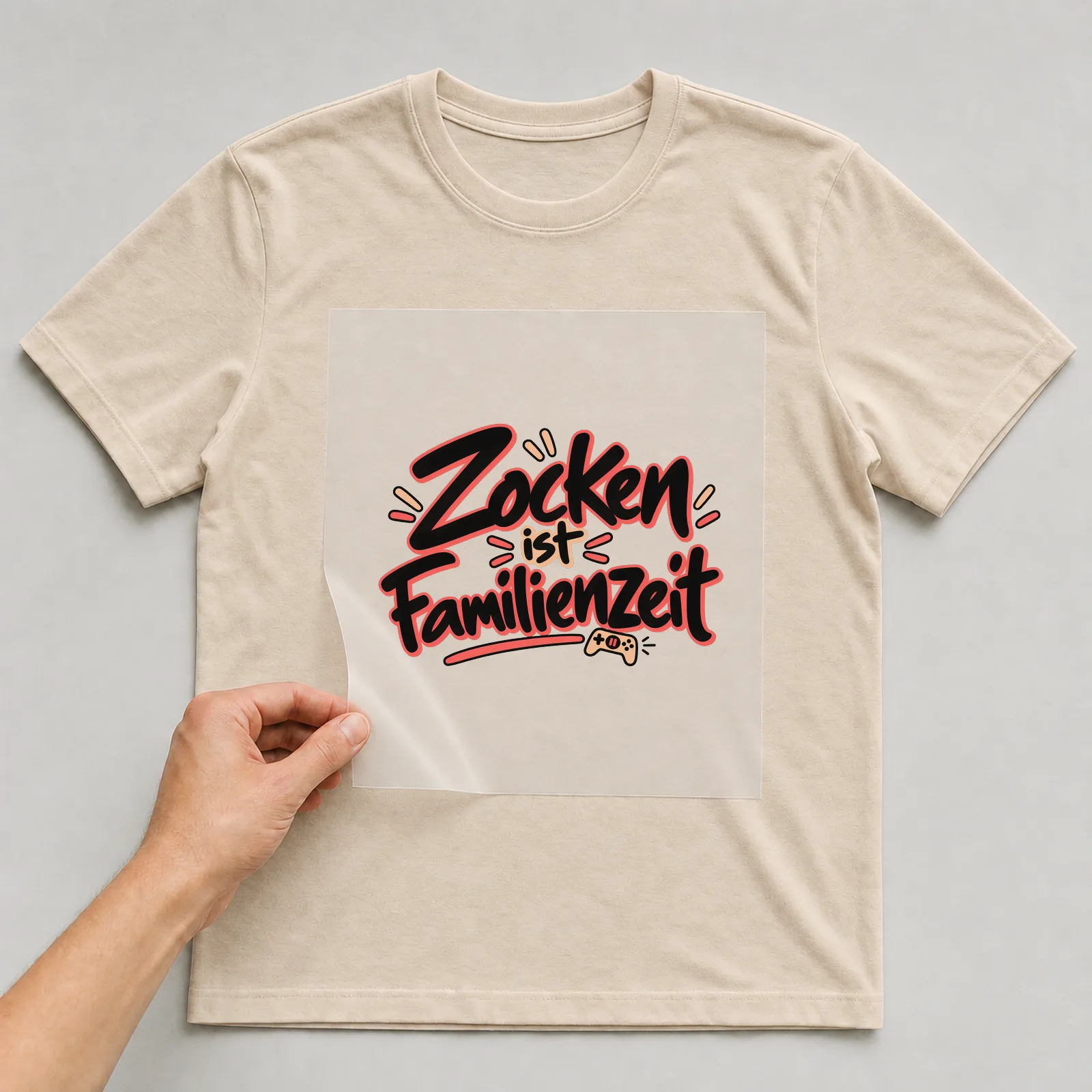 Bügelbild „Zocken ist Familienzeit“ auf beigem T-Shirt, Folie wird aufgelegt