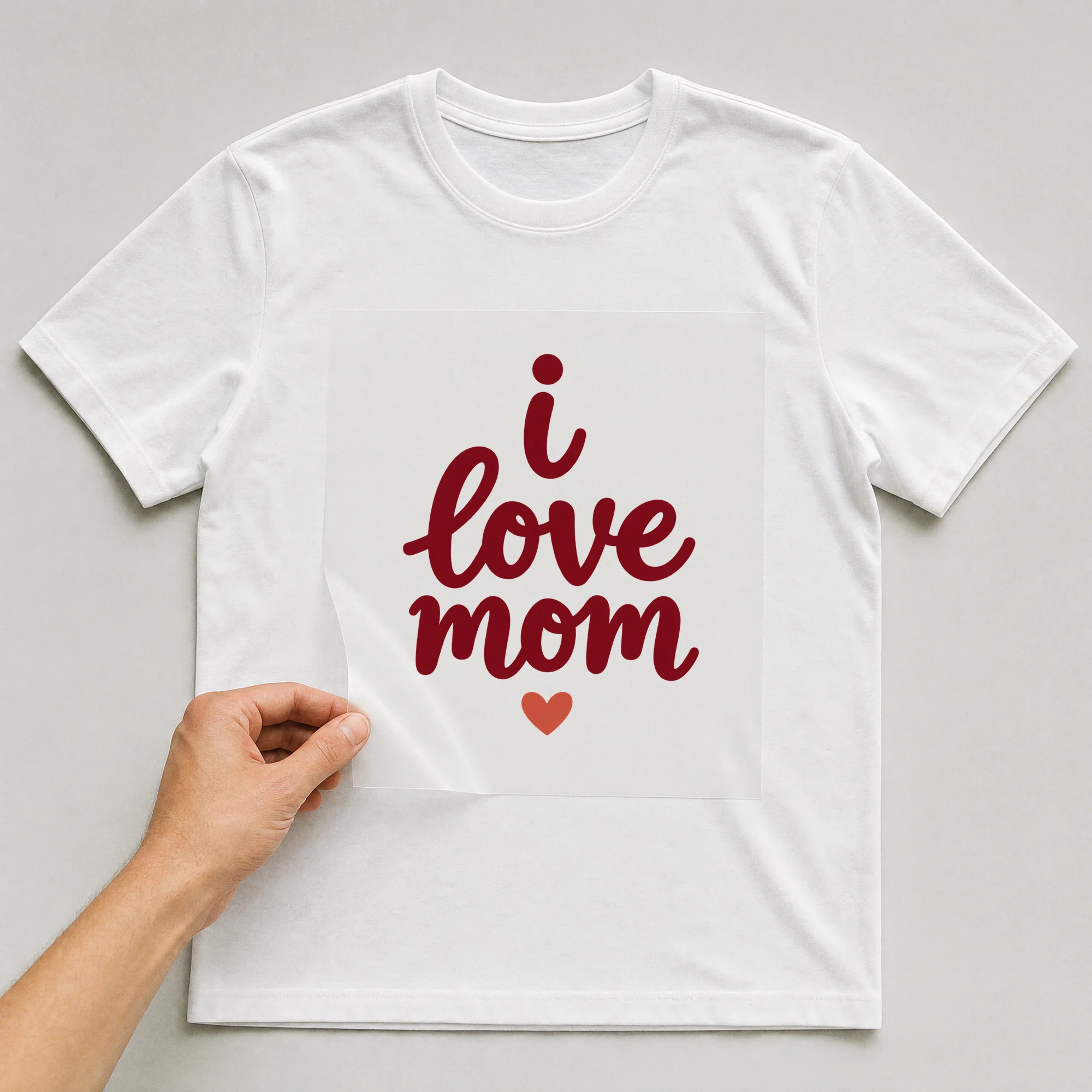 Bügelbild „i love mom“ auf weißem T-Shirt, Folie wird aufgelegt