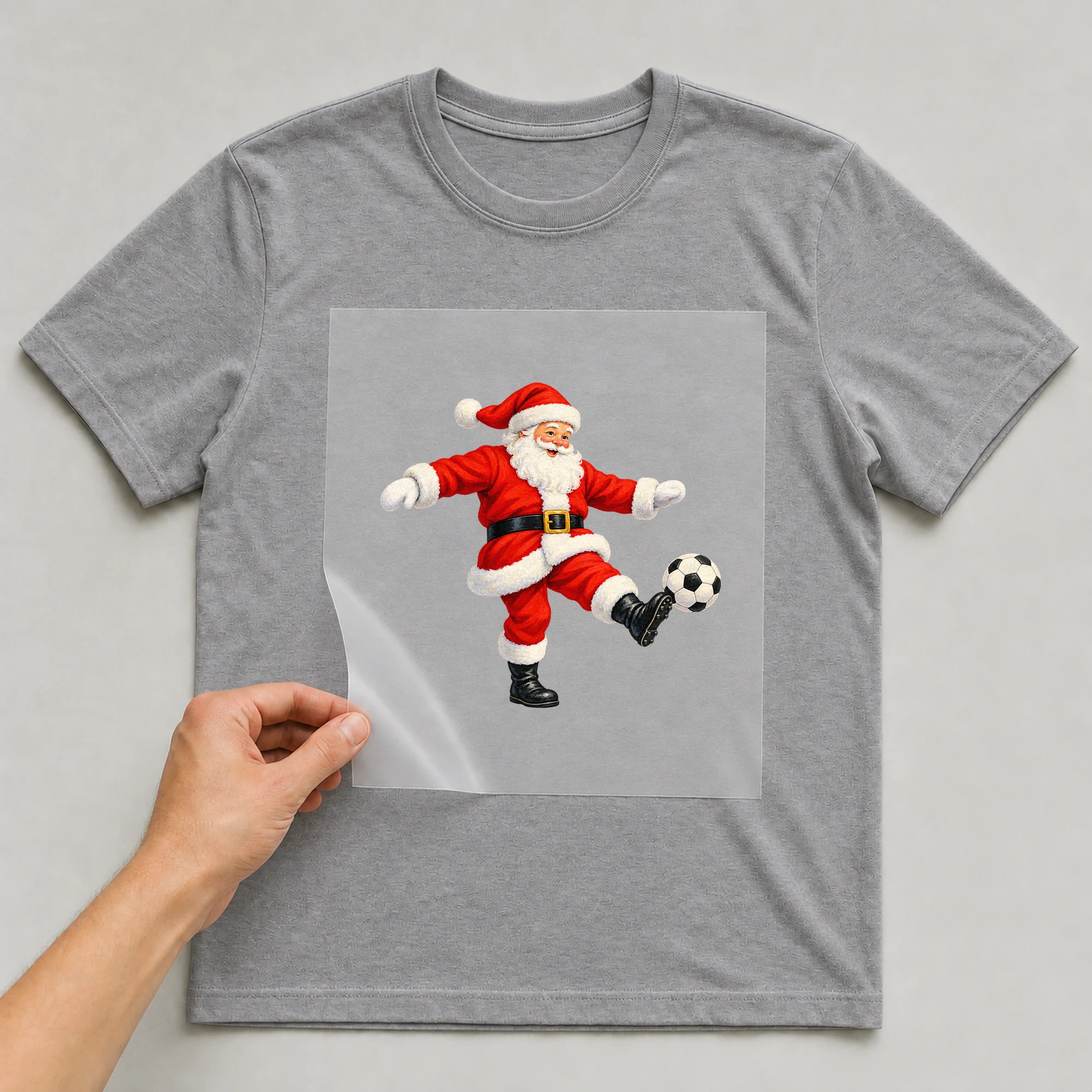 Bügelbild „Fußball-Weihnachtsmann“ auf grauem T-Shirt, Folie wird aufgelegt