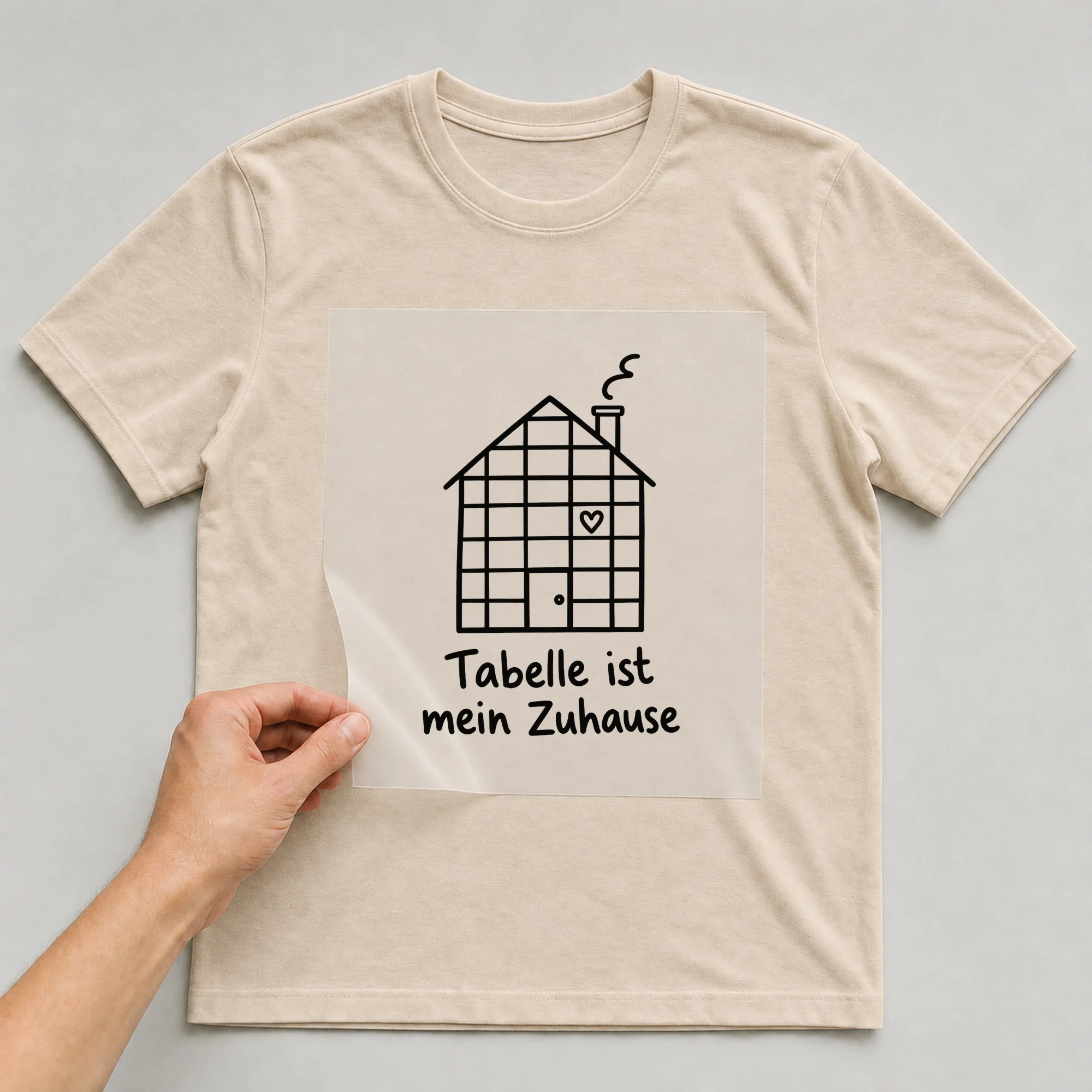Bügelbild „Tabelle ist mein Zuhause“ auf beigem T-Shirt, Folie wird aufgelegt