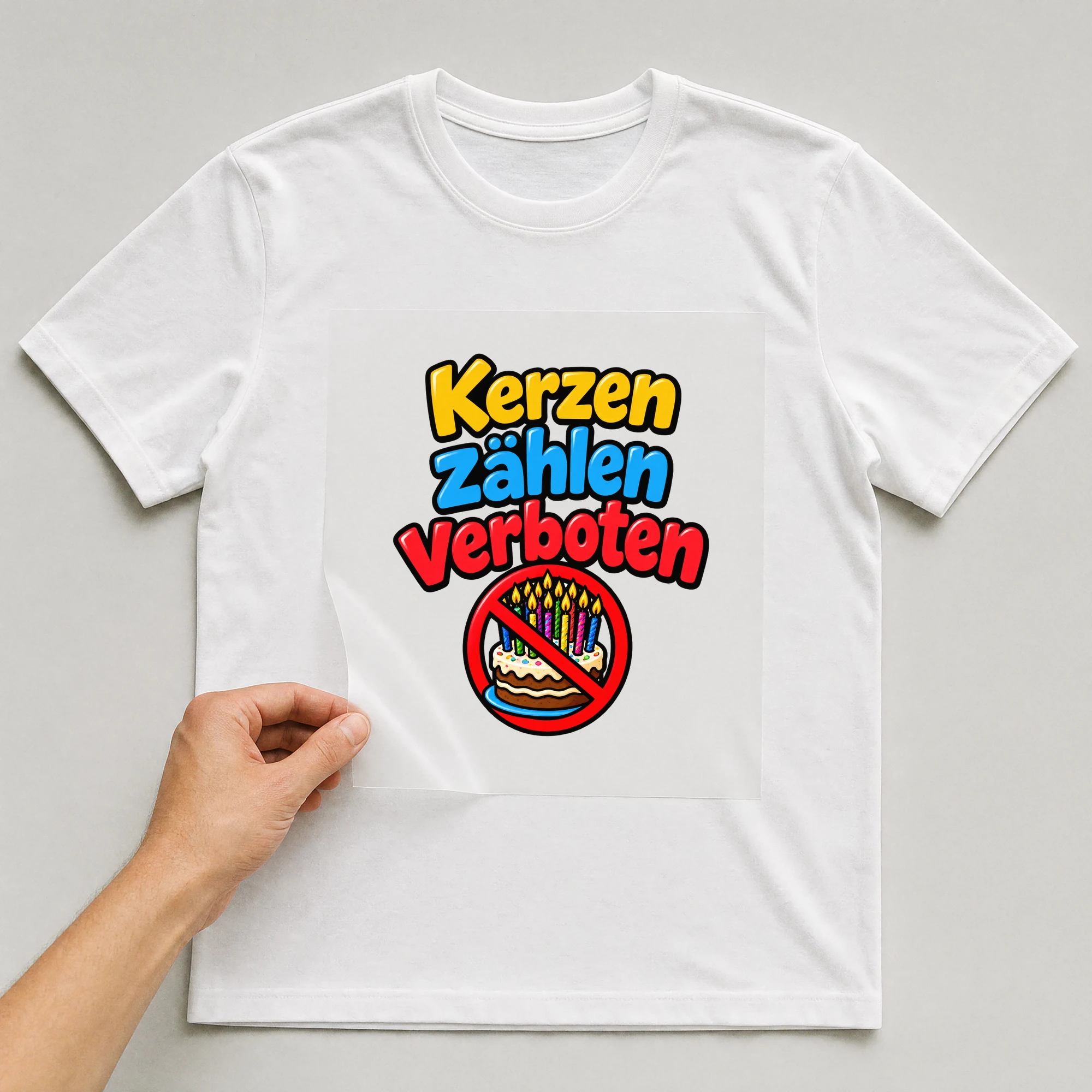 Bügelbild „Kerzen zählen verboten“ auf weißem T-Shirt, Folie wird aufgelegt