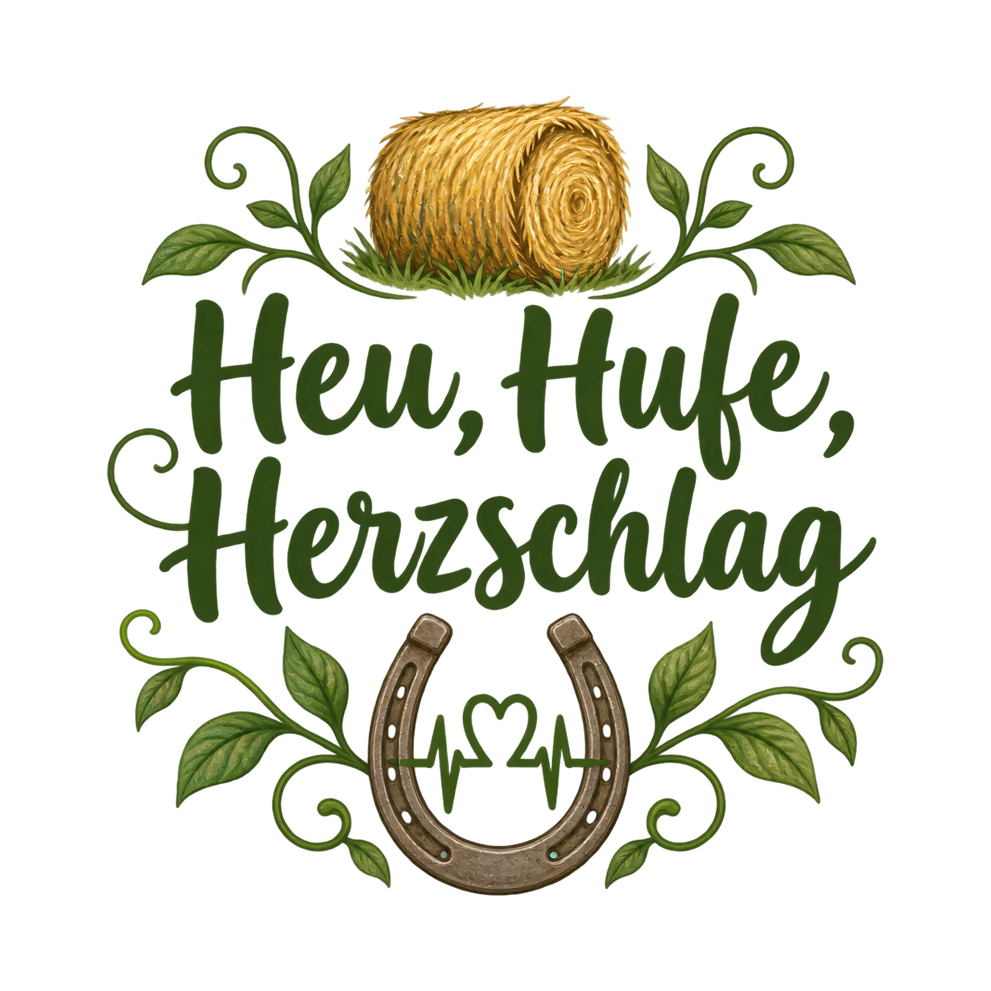 Bügelbild Heu, Hufe, Herzschlag als Grafik auf weißem Hintergrund (BB019775)