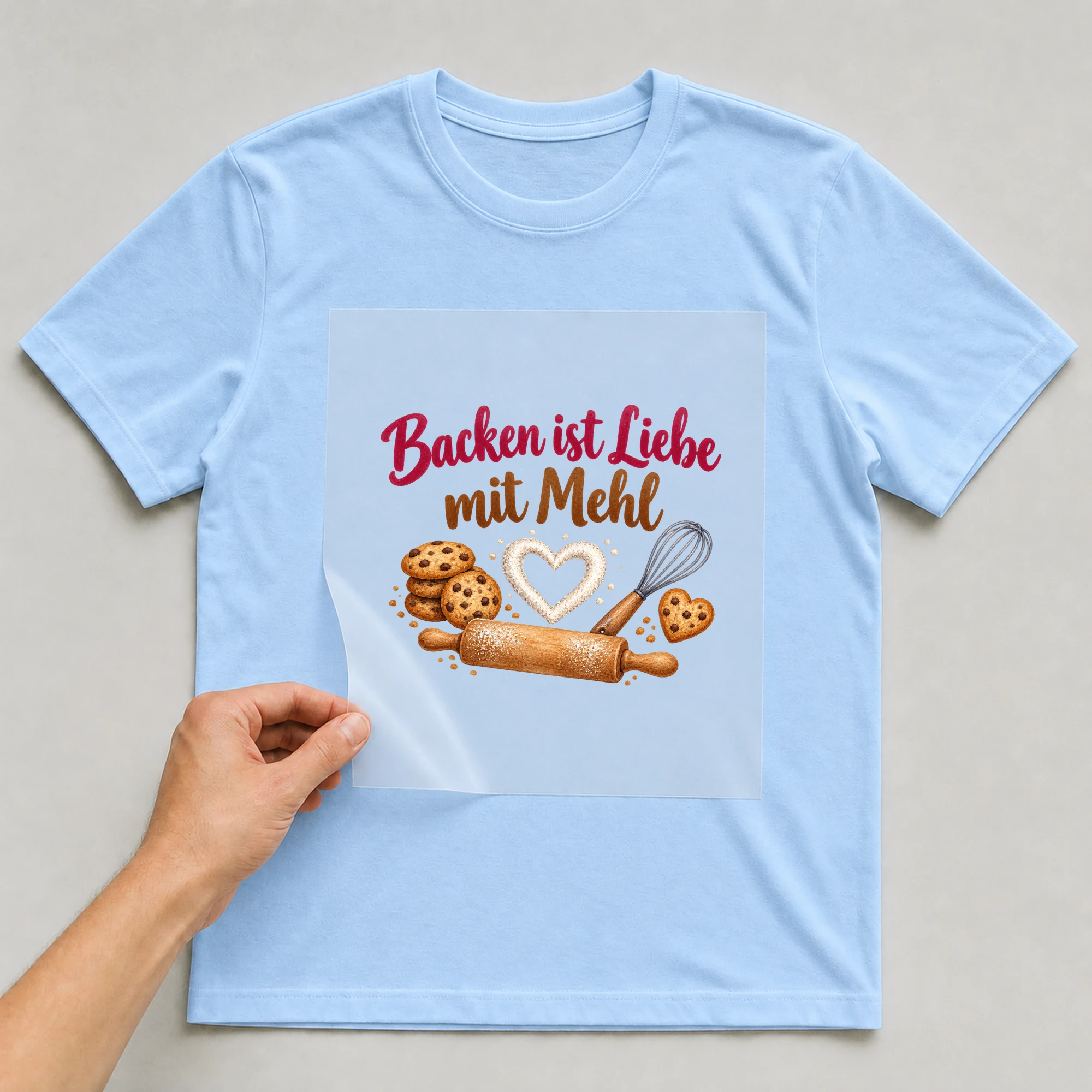 Bügelbild „Backen ist Liebe mit Mehl“ auf babyblauem T-Shirt, Folie wird aufgelegt