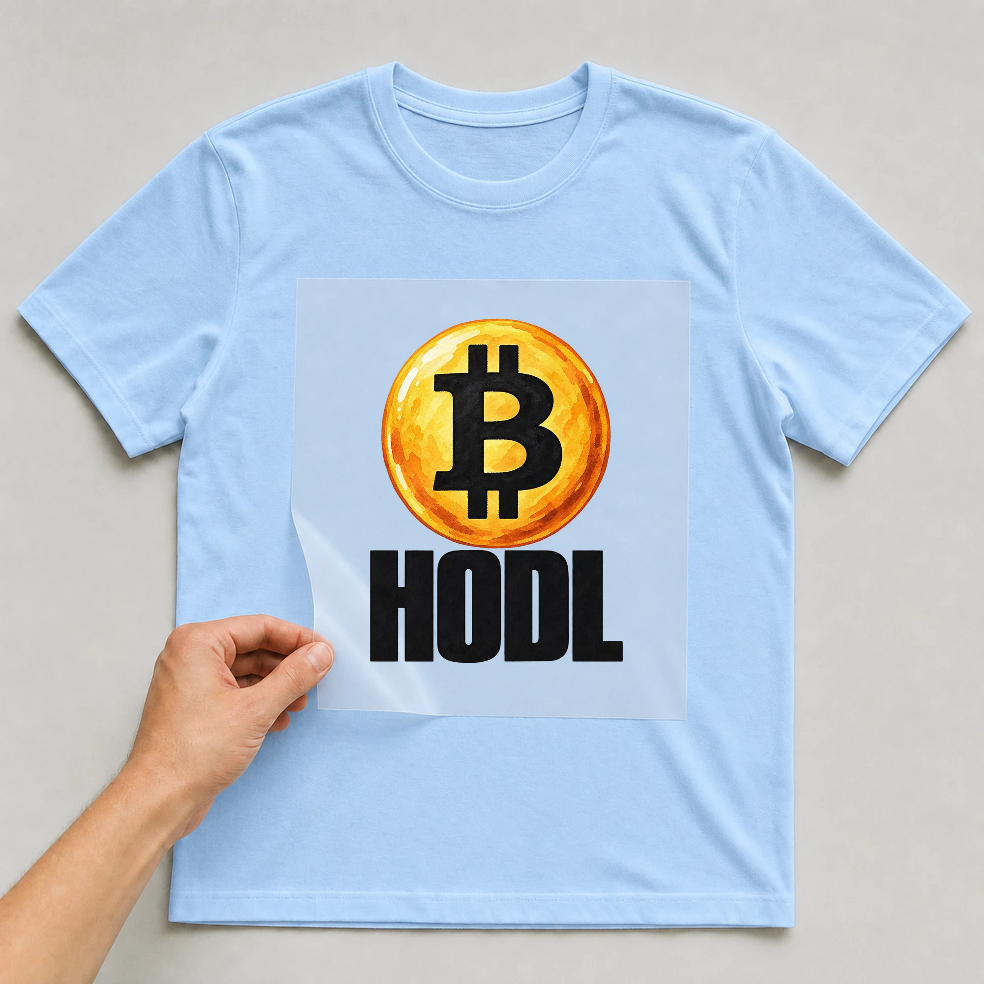 Bügelbild „Hodl“ auf babyblauem T-Shirt, Folie wird aufgelegt