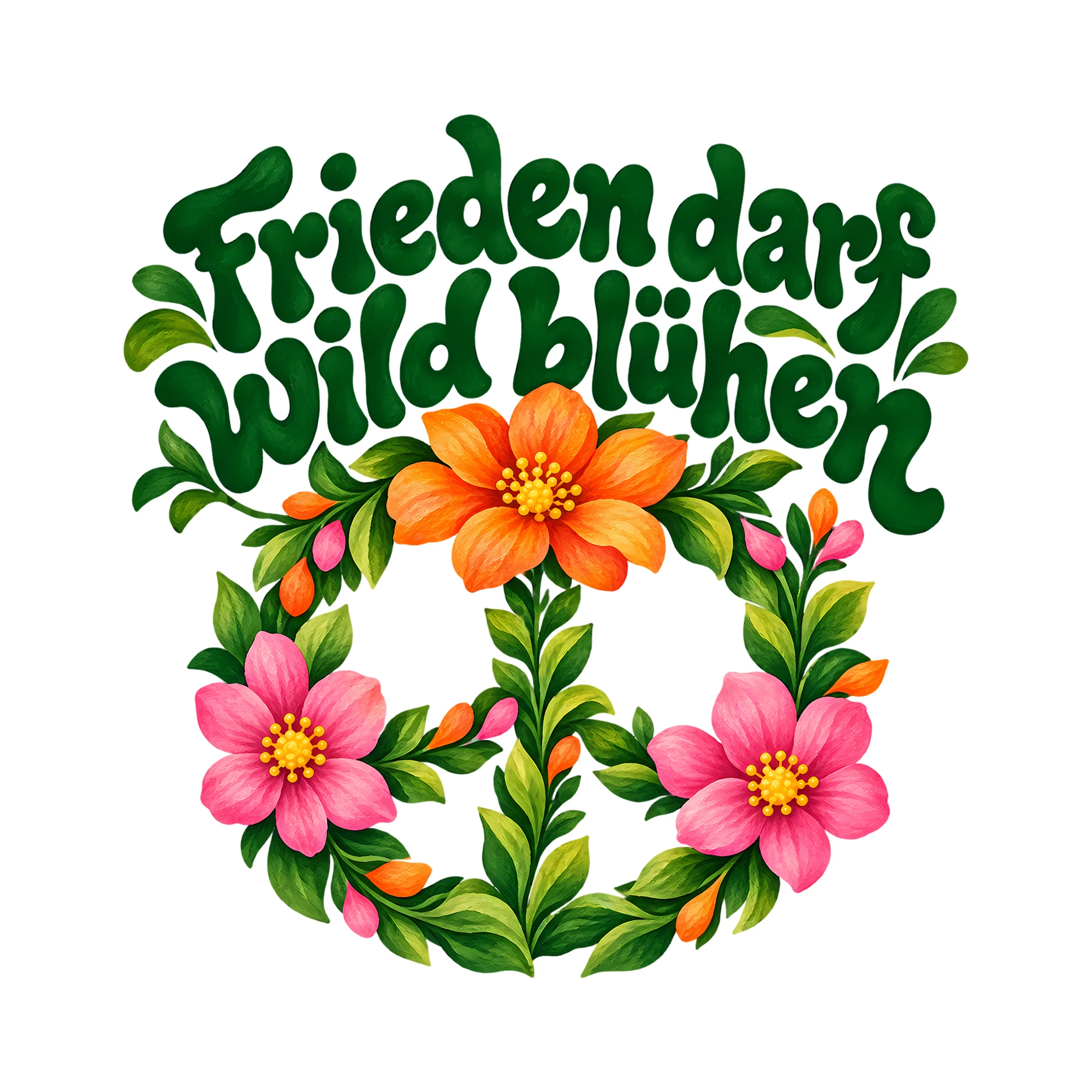 Bügelbild Frieden darf wild blühen als Grafik auf weißem Hintergrund (BB013281)
