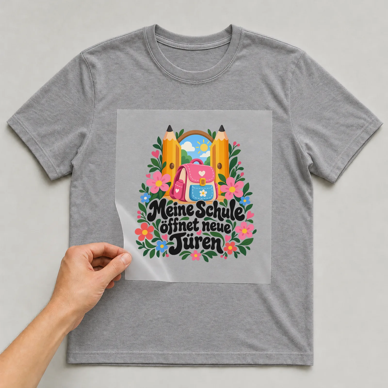 Bügelbild „Meine Schule öffnet neue Türen“ auf grauem T-Shirt, Folie wird aufgelegt