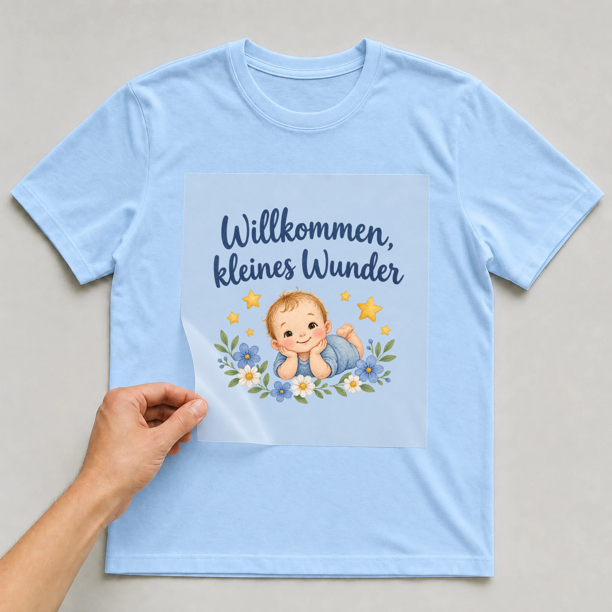 Bügelbild „Willkommen, kleines Wunder“ auf babyblauem T-Shirt, Folie wird aufgelegt