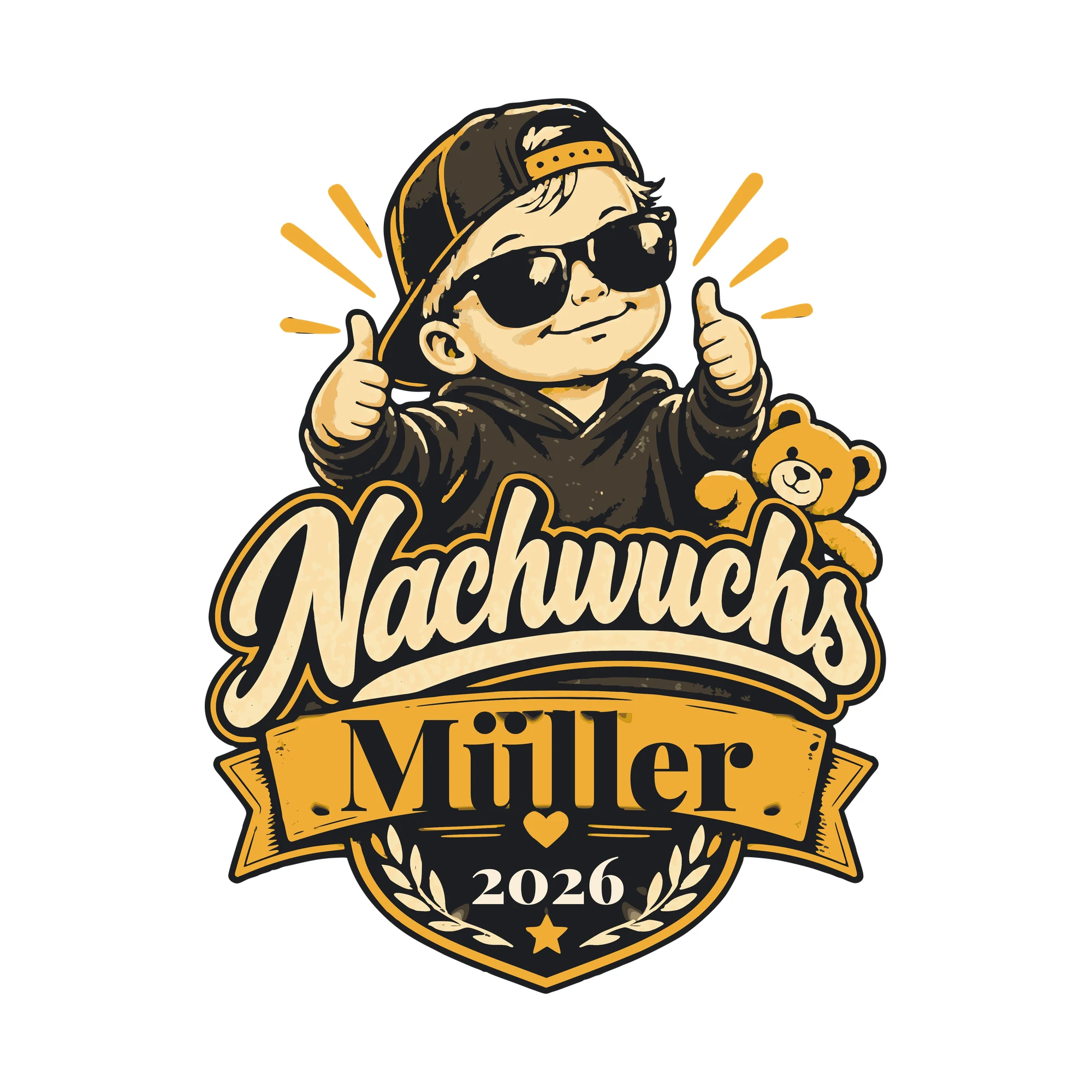 Bügelbild Nachwuchs mit Nachname und Jahr als Grafik auf weißem Hintergrund (BB011219)