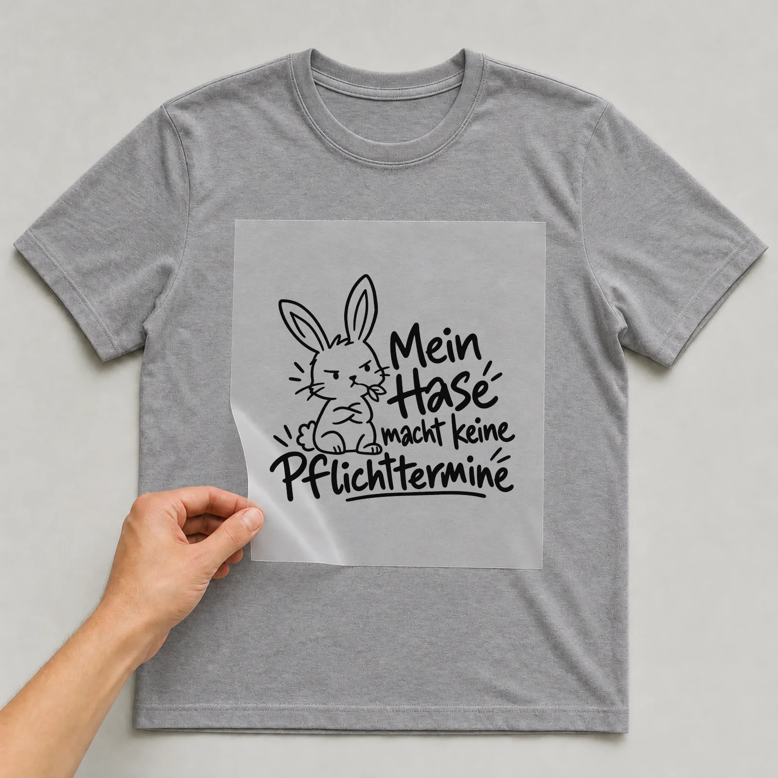 Bügelbild „Mein Hase macht keine Pflichttermine“ auf grauem T-Shirt, Folie wird aufgelegt