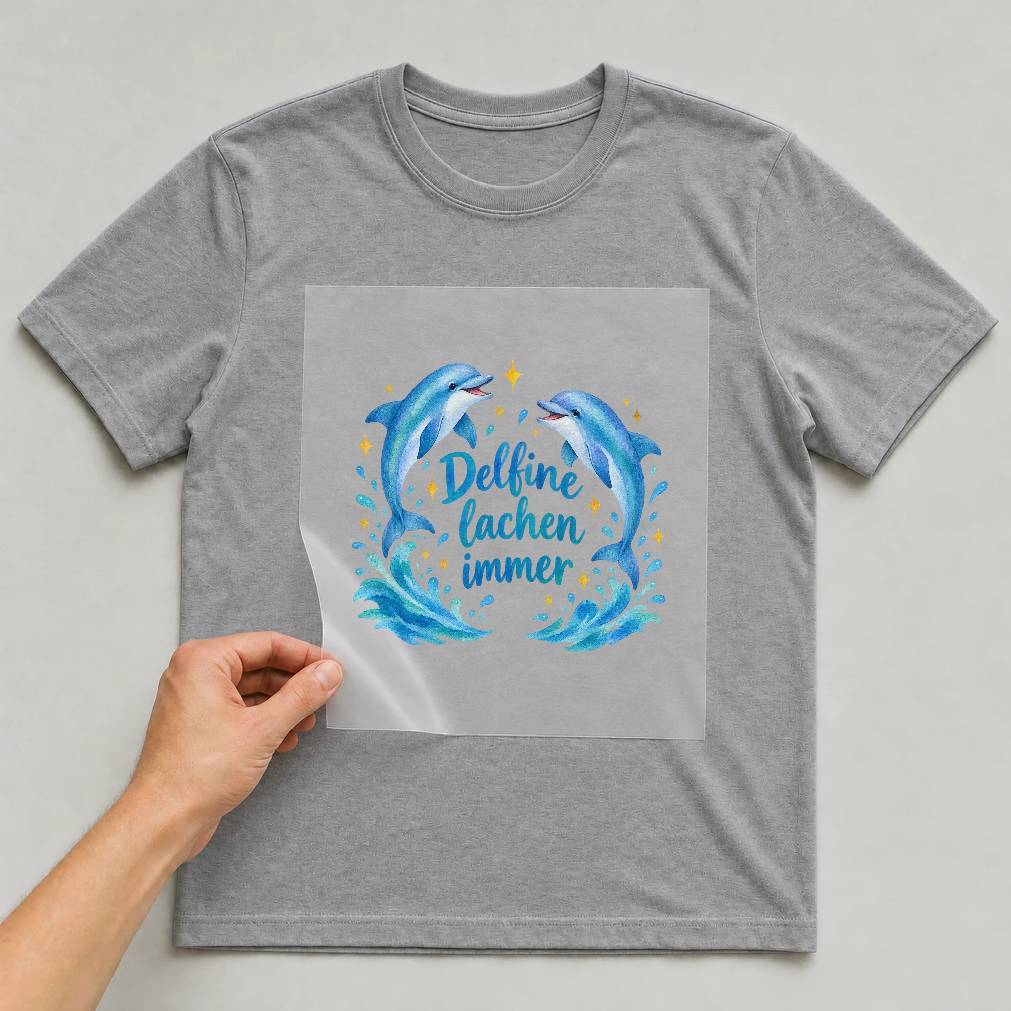 Bügelbild „Delfine lachen immer“ auf grauem T-Shirt, Folie wird aufgelegt
