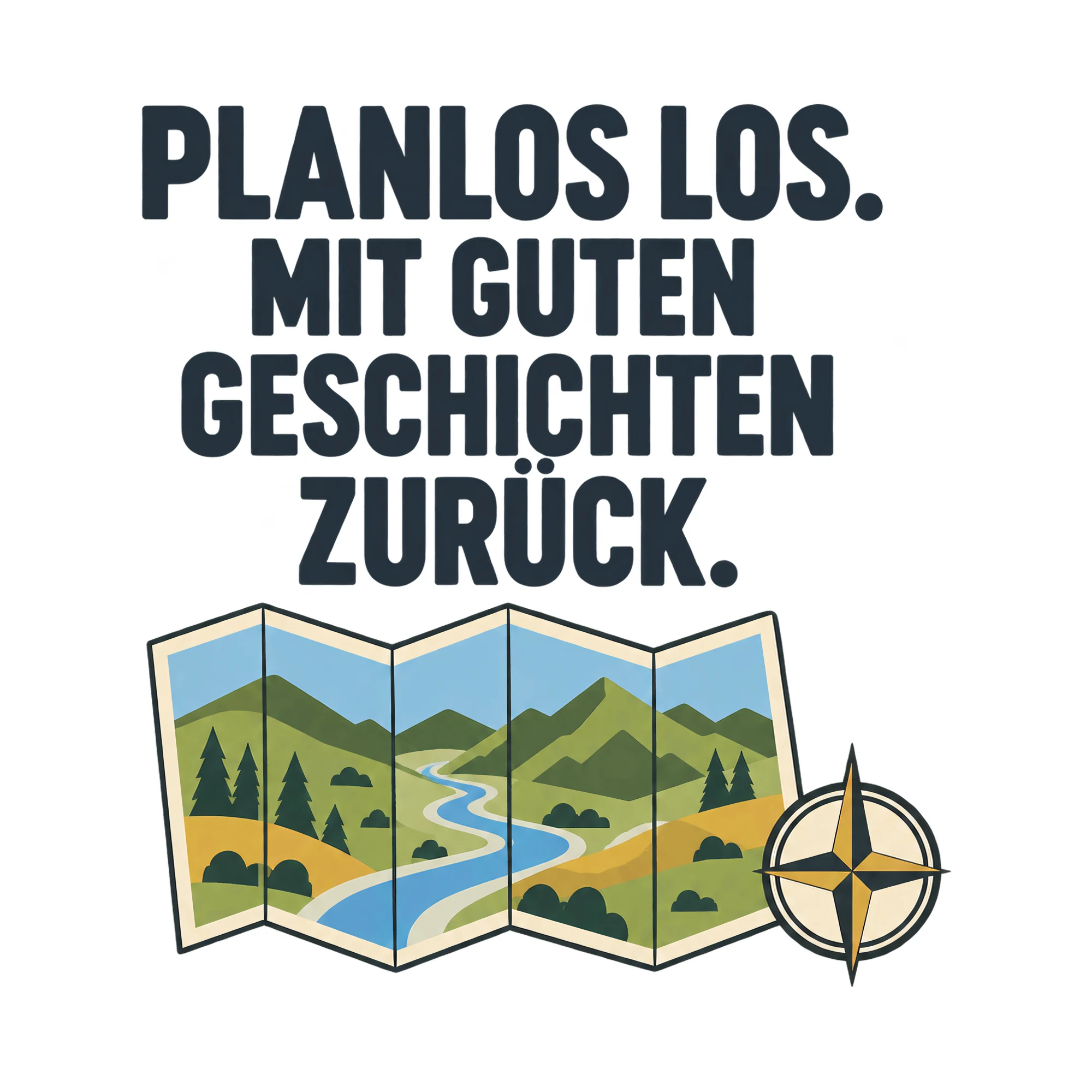 Bügelbild PLANLOS LOS. MIT GUTEN GESCHICHTEN ZURÜCK. als Grafik auf weißem Hintergrund (BB021485)