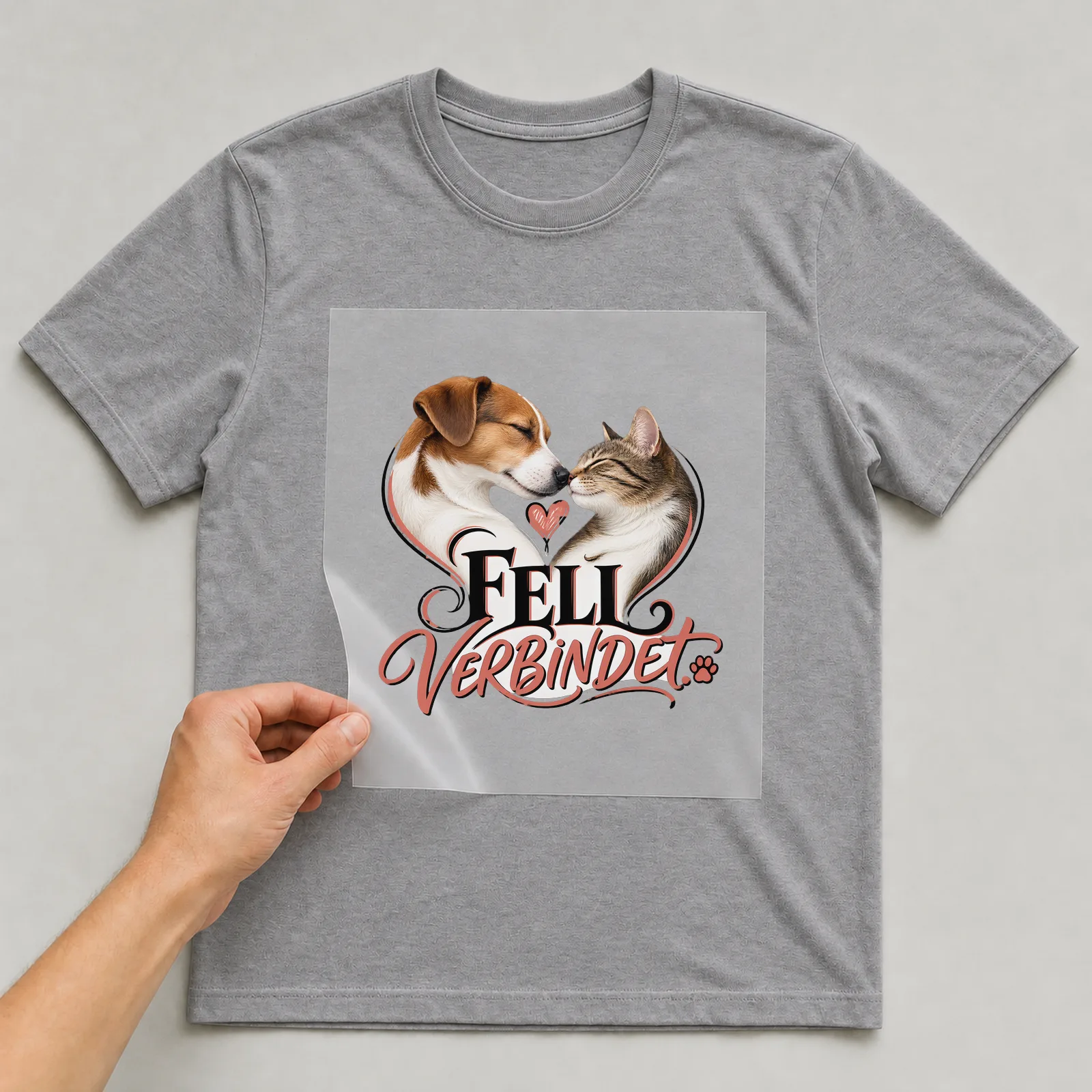 Bügelbild „Fell verbindet“ auf grauem T-Shirt, Folie wird aufgelegt