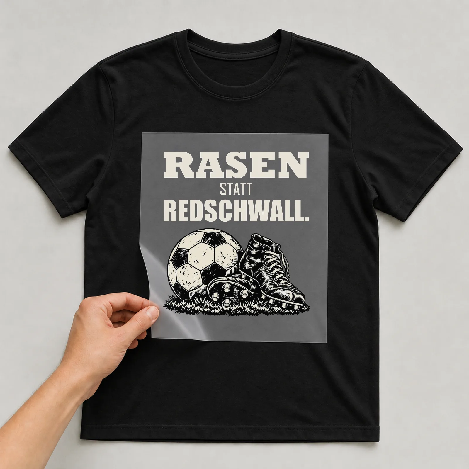 Bügelbild „Rasen statt Redschwall“ auf schwarzem T-Shirt, Folie wird aufgelegt