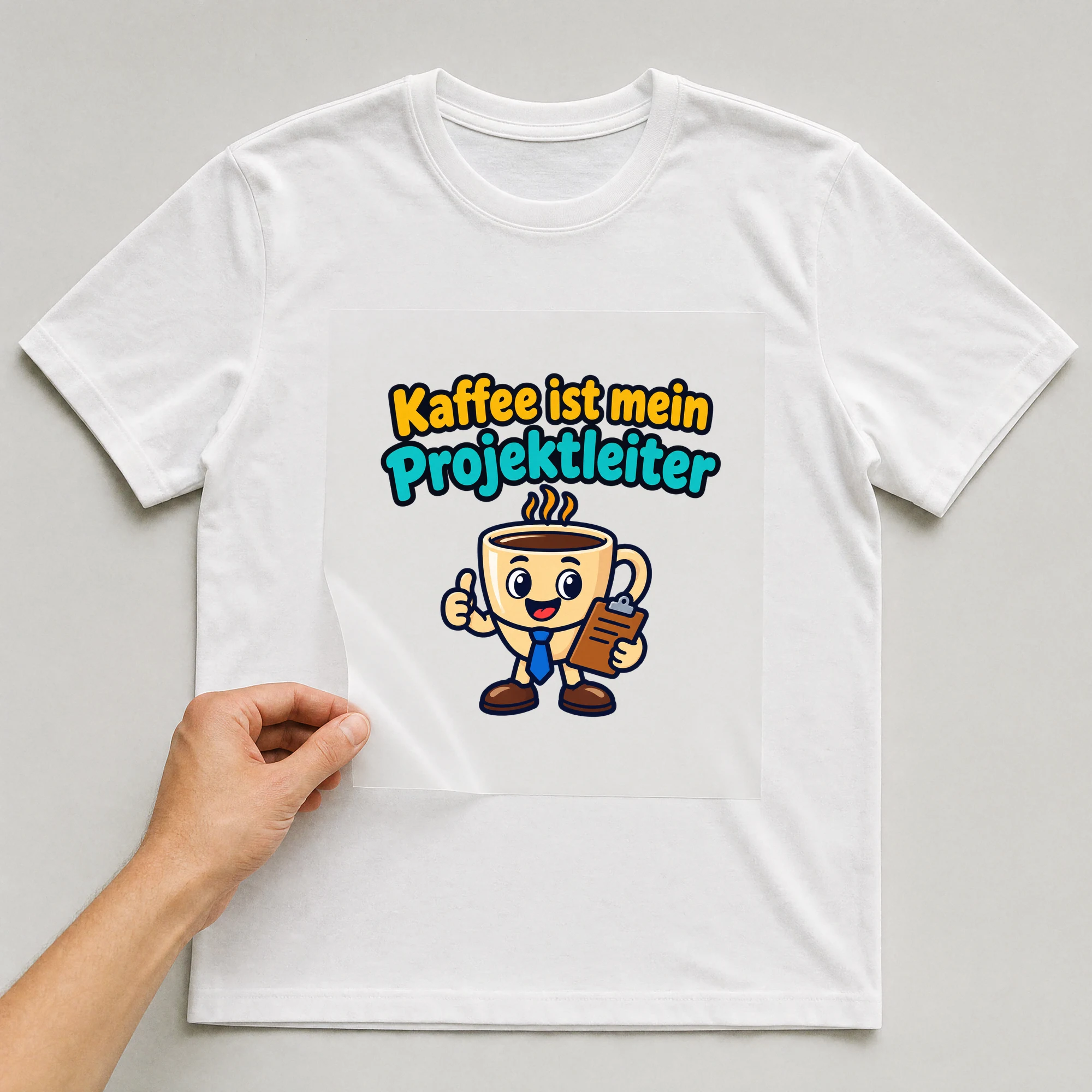 Bügelbild „Kaffee ist mein Projektleiter“ auf weißem T-Shirt, Folie wird aufgelegt
