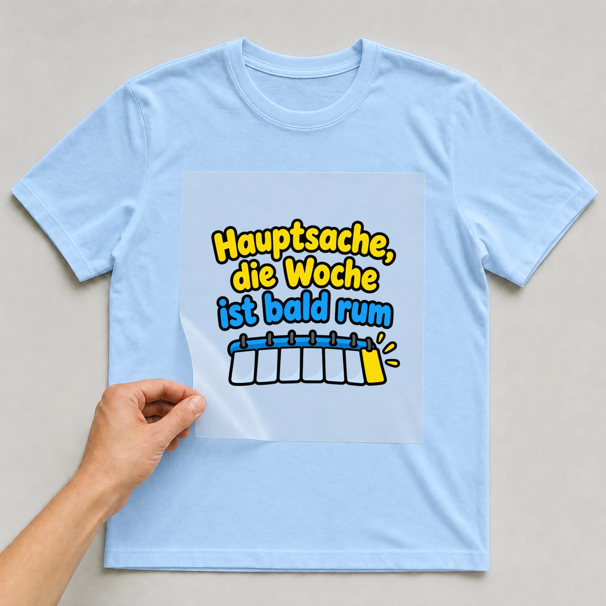 Bügelbild „Hauptsache, die Woche ist bald rum“ auf babyblauem T-Shirt, Folie wird aufgelegt
