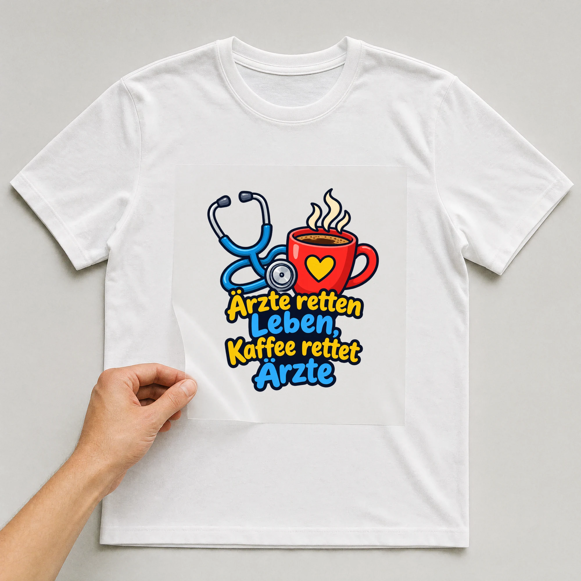 Bügelbild „Ärzte retten Leben, Kaffee rettet Ärzte“ auf weißem T-Shirt, Folie wird aufgelegt