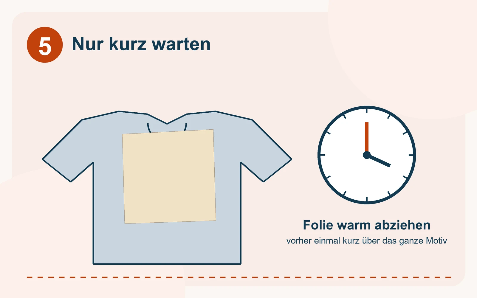 Das Motiv liegt noch unter dem Backpapier auf dem Shirt, daneben eine Uhr: nur kurz warten, vorher einmal kurz über das ganze Motiv bügeln, dann die Trägerfolie abziehen, solange das Bild noch warm ist.