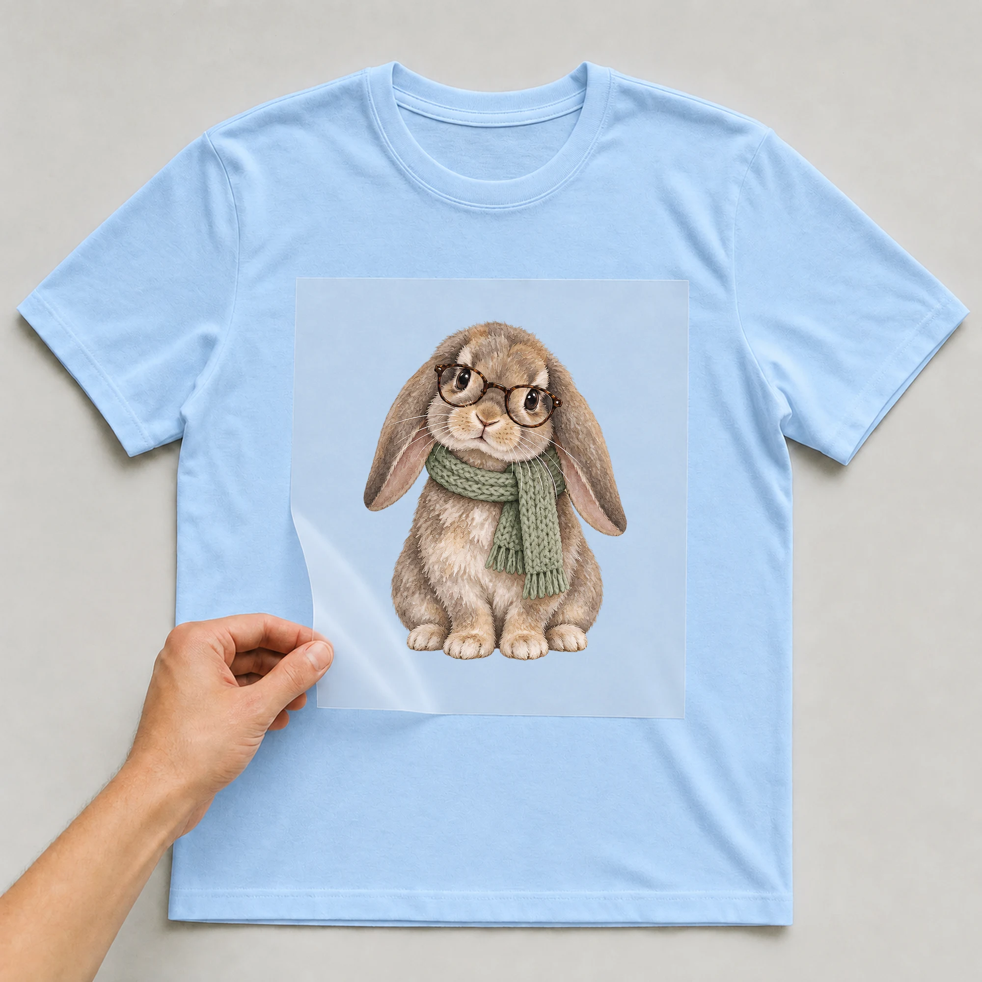 Bügelbild „Hipster Hase“ auf babyblauem T-Shirt, Folie wird aufgelegt
