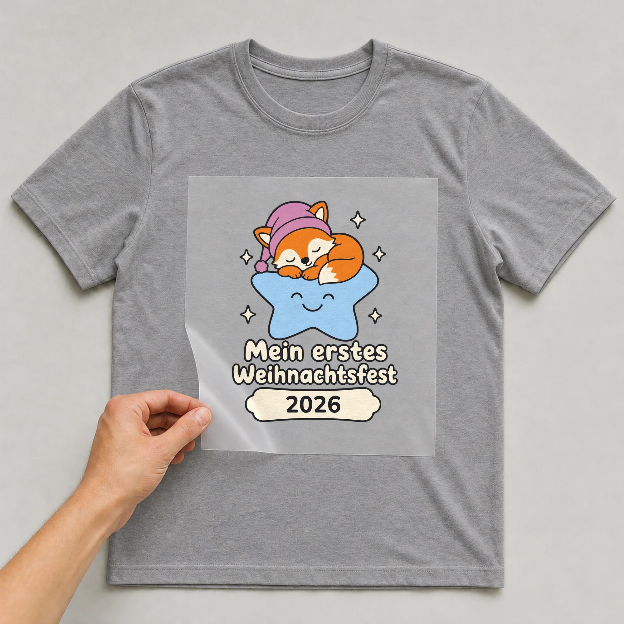 Bügelbild Mein erstes Weihnachtsfest mit Jahr auf grauem T-Shirt, Folie wird aufgelegt