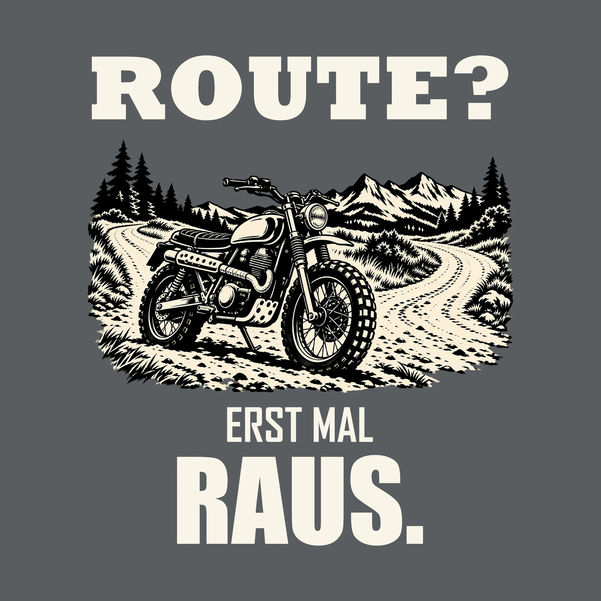 Bügelbild ROUTE? ERST MAL RAUS. als Grafik auf dunklem Hintergrund (BB012740)