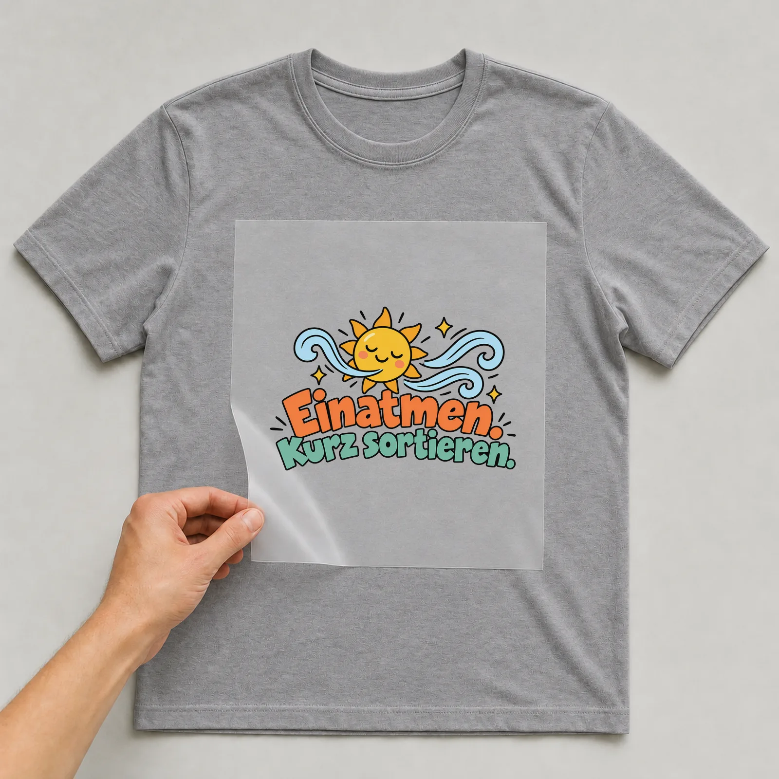 Bügelbild „Einatmen. Kurz sortieren.“ auf grauem T-Shirt, Folie wird aufgelegt