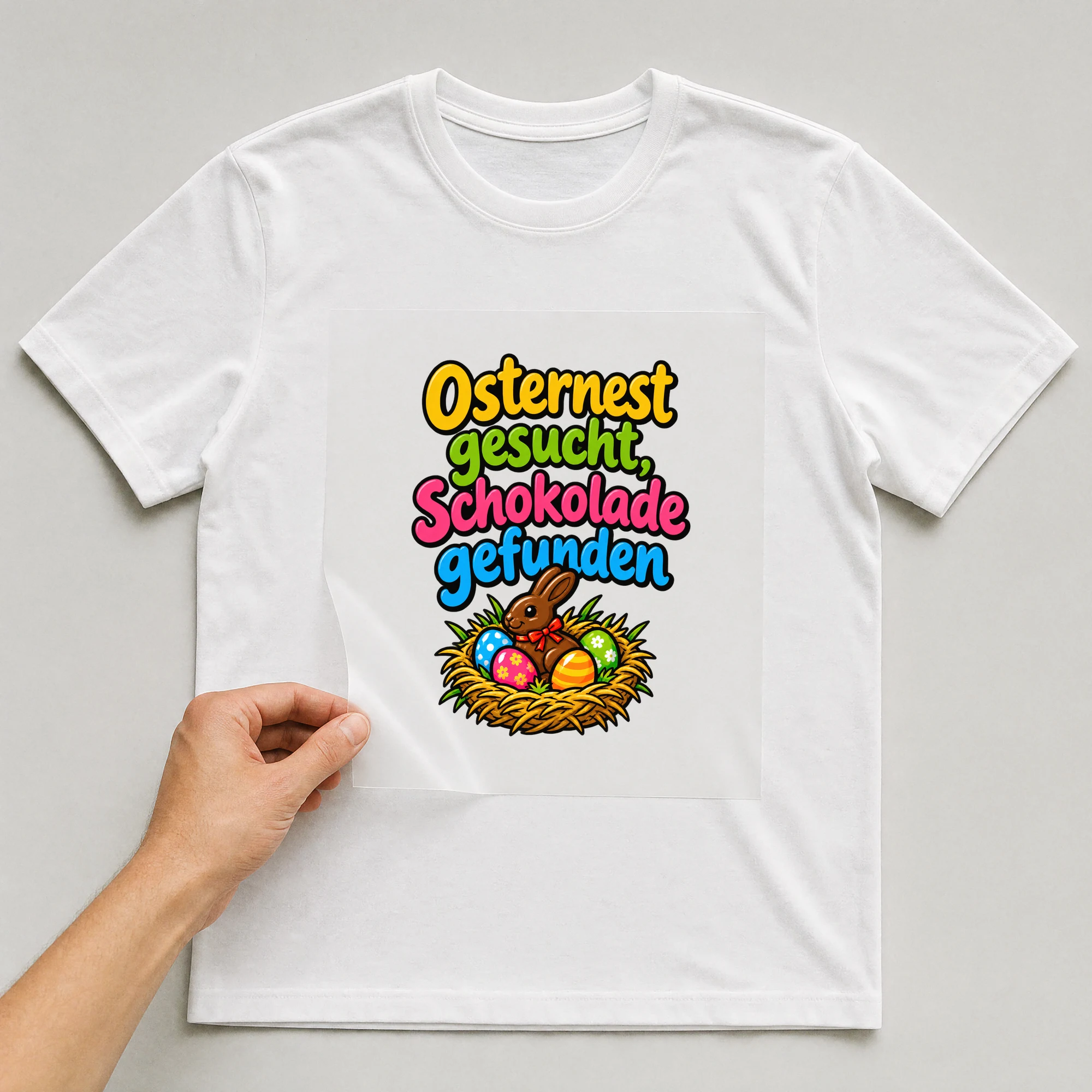 Bügelbild „Osternest gesucht, Schokolade gefunden“ auf weißem T-Shirt, Folie wird aufgelegt