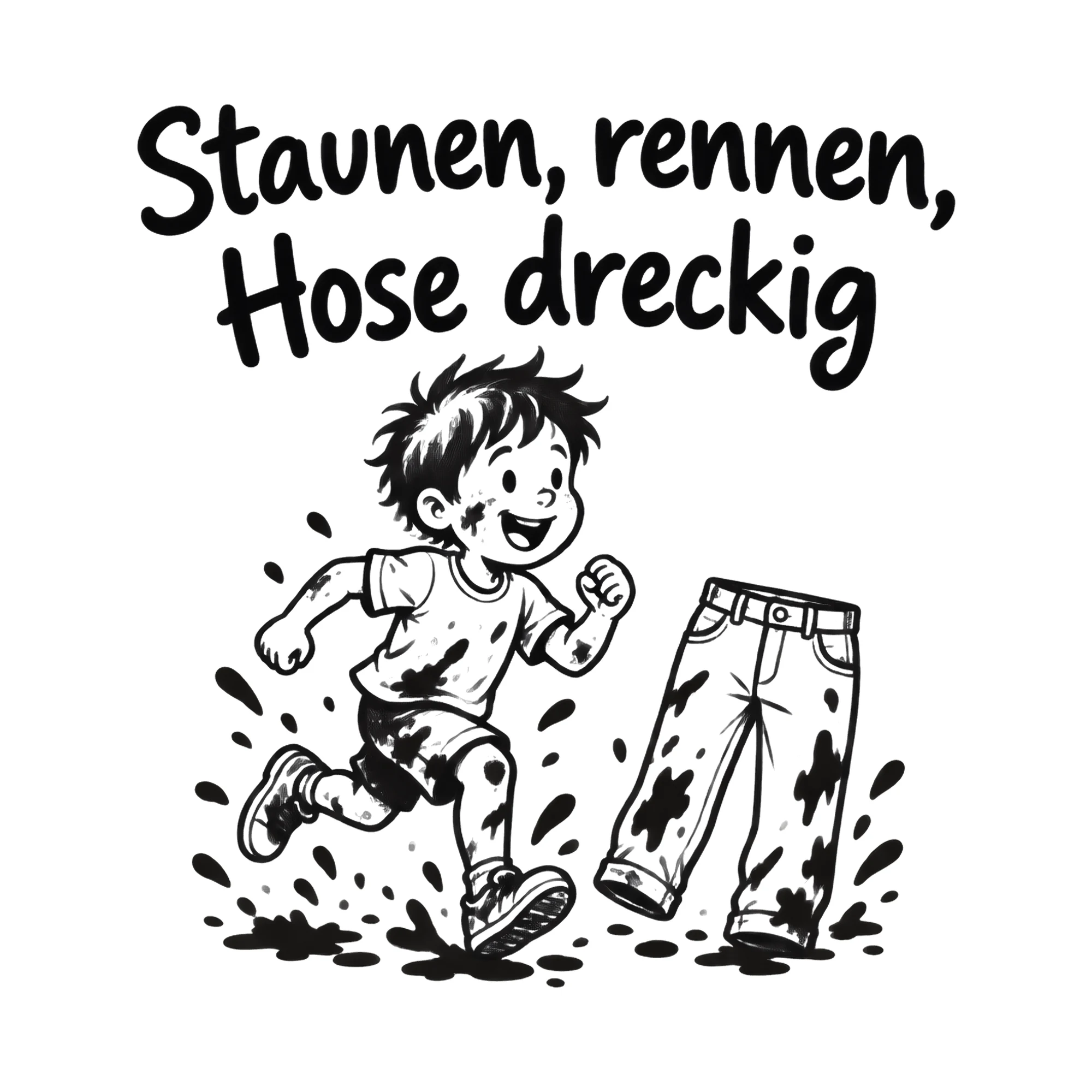 Bügelbild Staunen, rennen, Hose dreckig als Grafik auf weißem Hintergrund (BB019968)
