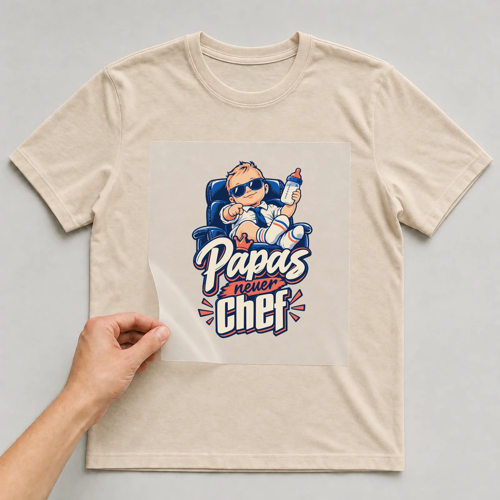 Bügelbild Papas neuer Chef auf beigem T-Shirt, Folie wird aufgelegt