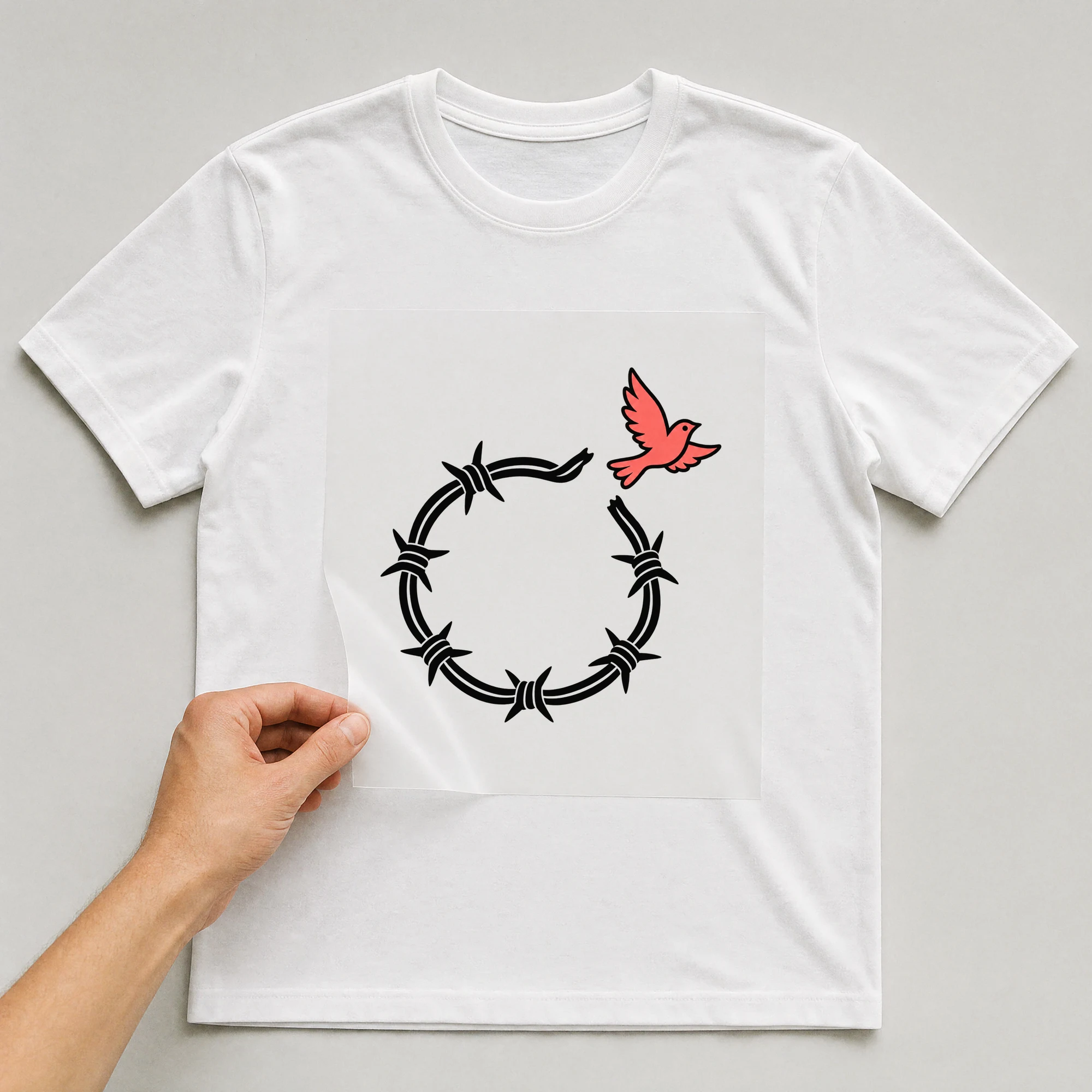 Bügelbild „Stacheldraht Freiheit“ auf weißem T-Shirt, Folie wird aufgelegt