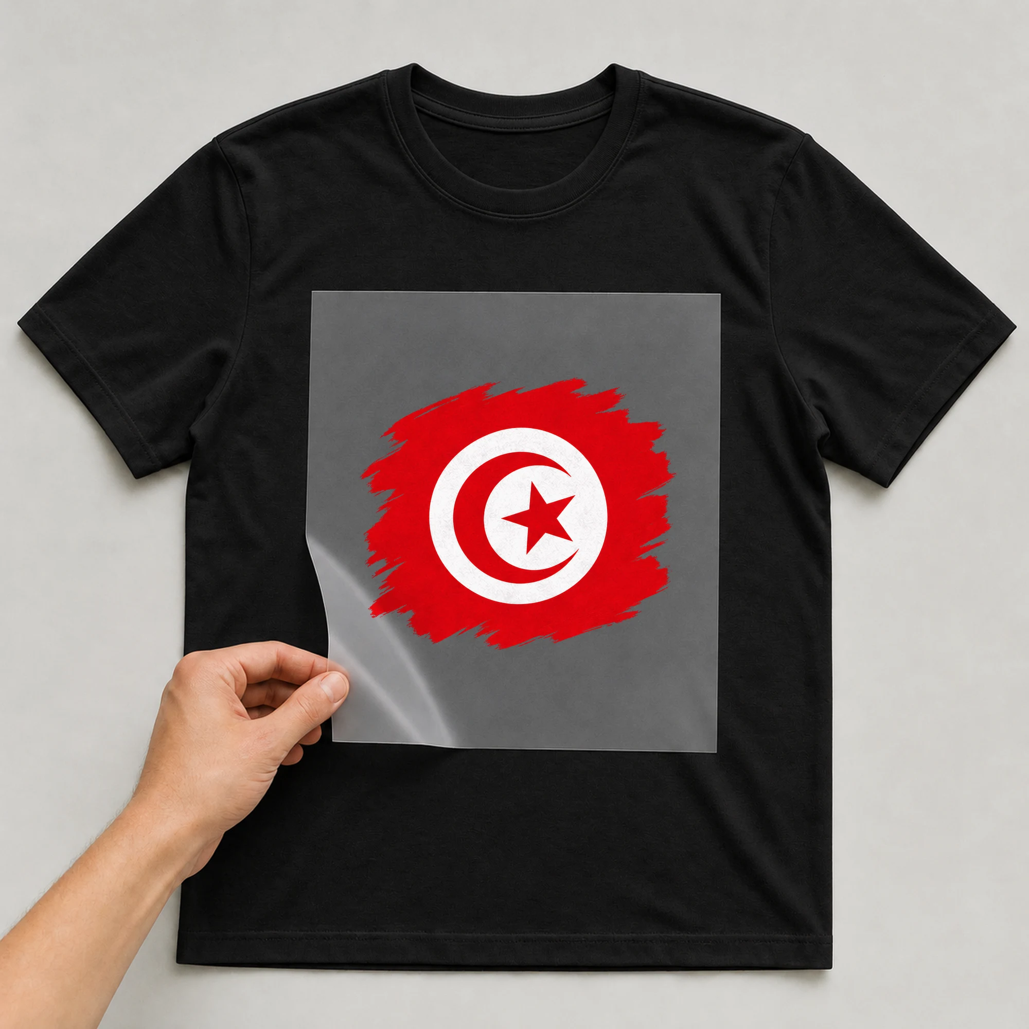 Bügelbild „Flagge Tunesien im Pinselstrich“ auf schwarzem T-Shirt, Folie wird aufgelegt