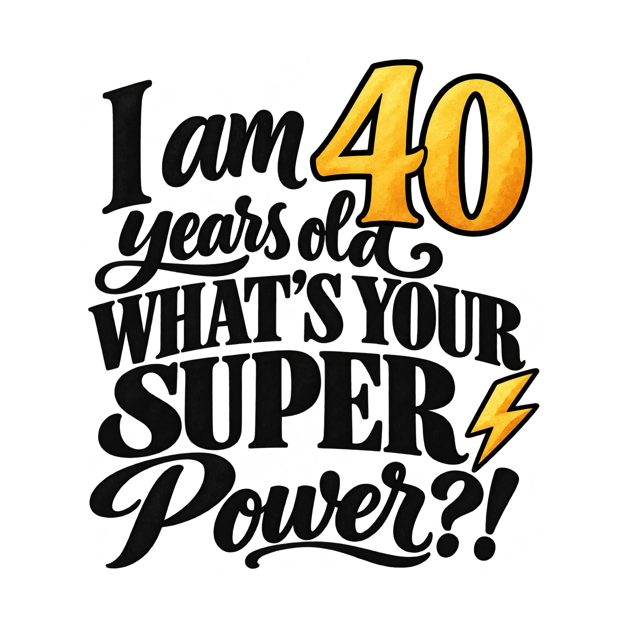 Bügelbild I Am 40 Years Old What's Your Super Power?!, Geburtstagsshirt Spruch als Grafik auf weißem Hintergrund (BB015241)