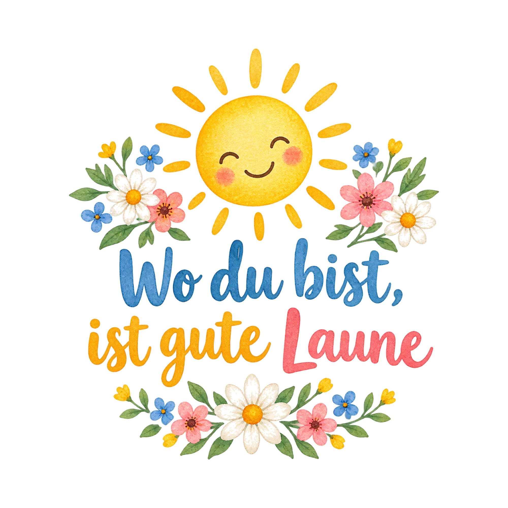 Bügelbild Wo du bist, ist gute Laune als Grafik auf weißem Hintergrund (BB019103)