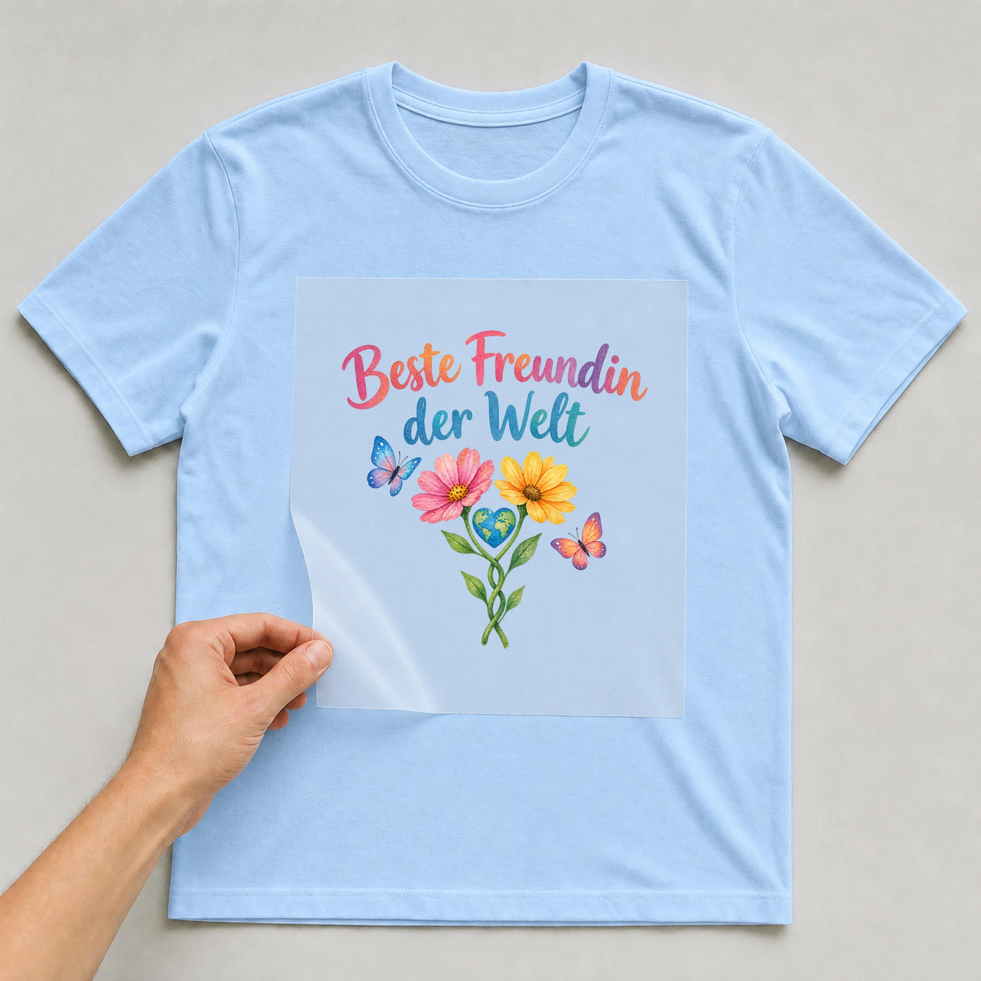 Bügelbild „Beste Freundin der Welt“ auf babyblauem T-Shirt, Folie wird aufgelegt