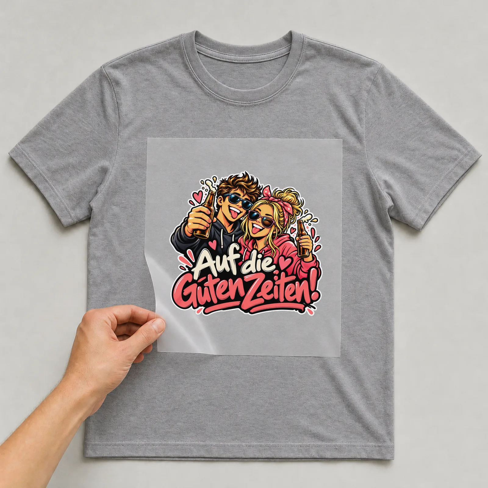 Bügelbild „Auf die guten Zeiten!“ auf grauem T-Shirt, Folie wird aufgelegt